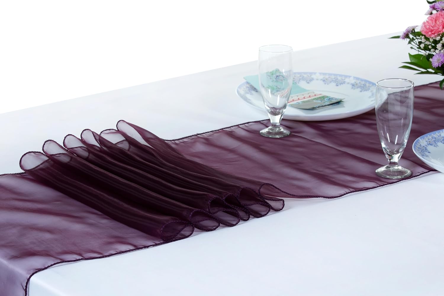 MDS 15 Pack Organza Table Runner 12 x 108 inch Long Premium Table Runners for Wedding Party, Events Decoration, Banquets Decorations, Bright and Smooth Silk Fabric Party Table Runner- Plum