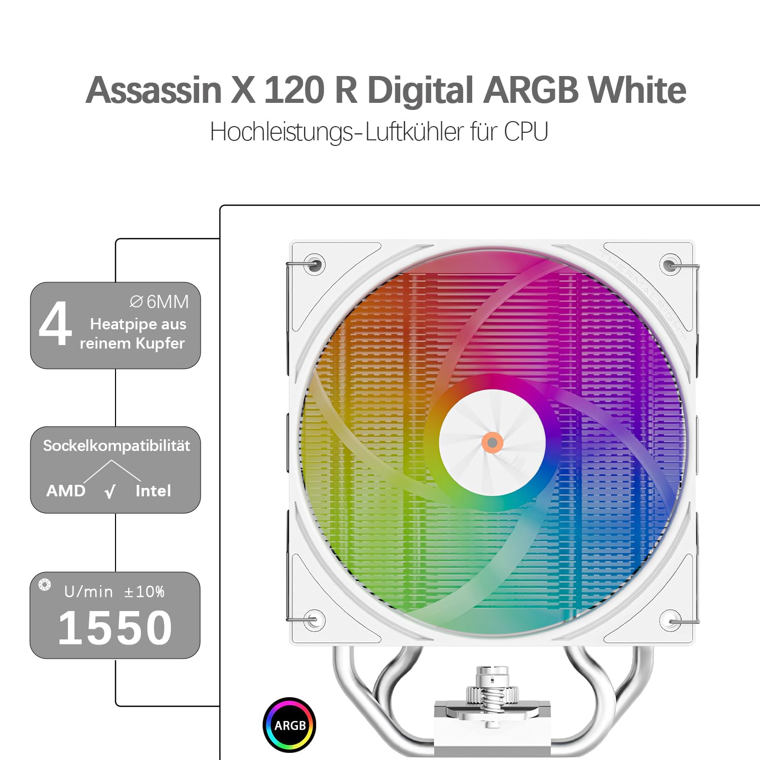 TR-Thermalright Assassin X 120 Digital ARGB White chłodnica procesora, 4 x 6 mm, wentylator PWM 120 mm, 2000 obr./min, Digital Display Board Top Cover, do AM5/AM4, Intel Lga1851/1700, biały