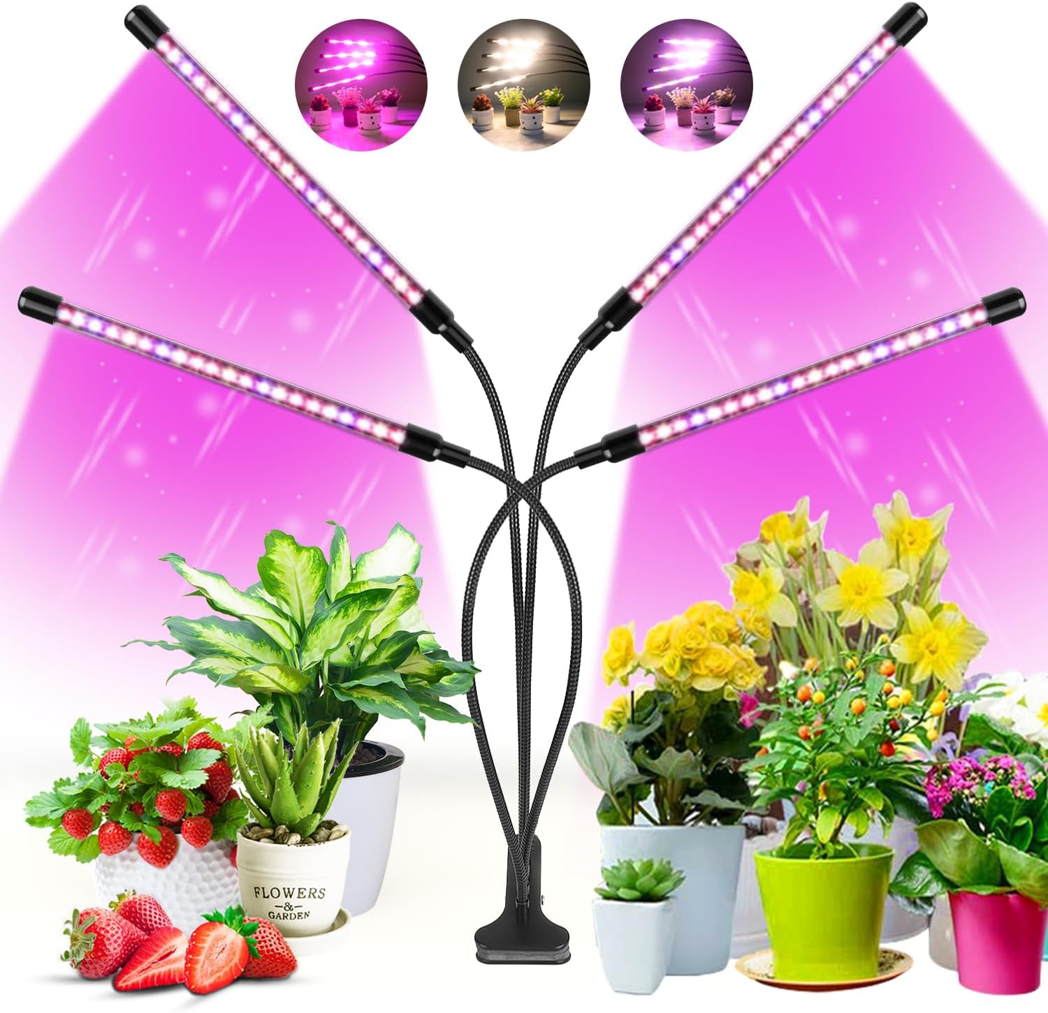 Wolezek Grow Lights for Indoor Plants, 80 LEDs 4 Heads Full Spectrum Red & Blue Plant Light with Clip, Grow Lamp with 5 Dimming Levels, 6/12/16H Auto Timer, 3 Switch Modes for Seedlings and Succulents