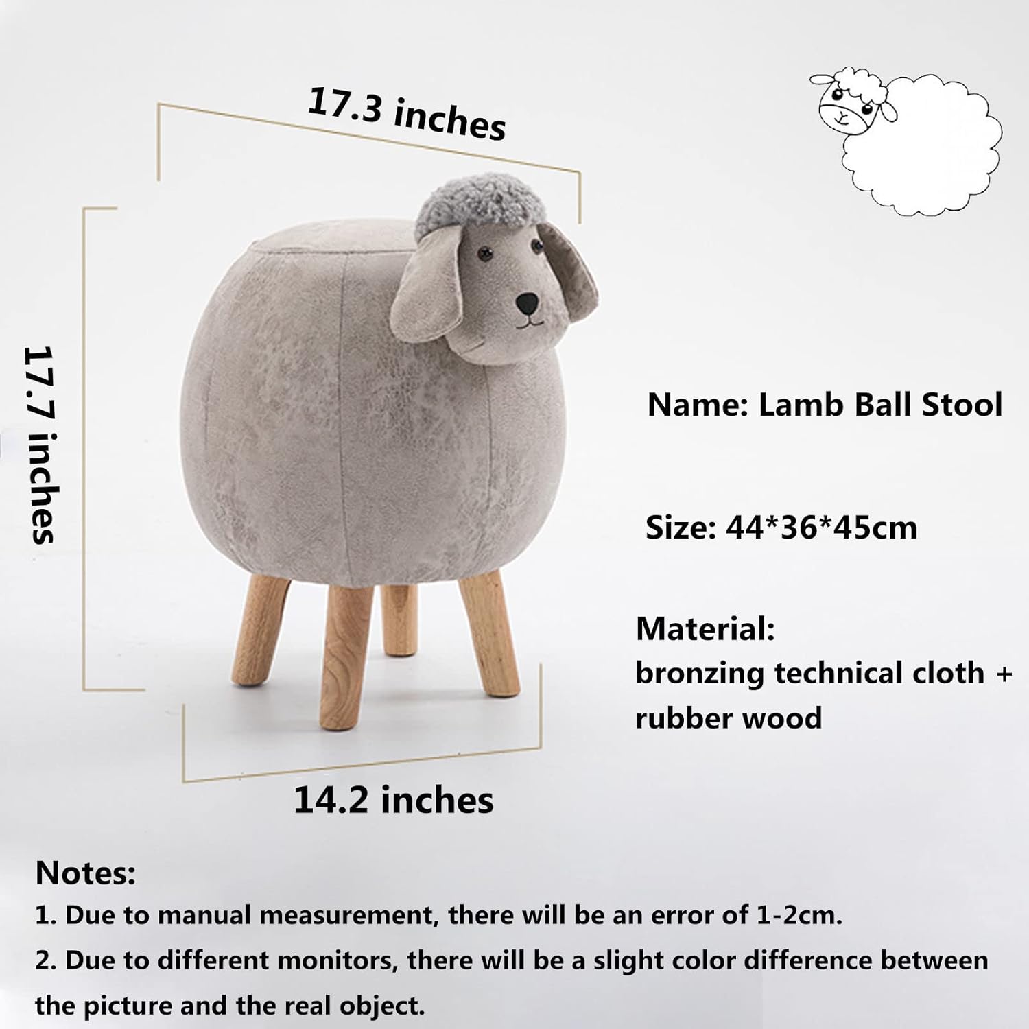 Diagram showing the dimensions of the lamb ball stool: 17.3 inches length, 14.2 inches width, and 17.7 inches height. Material is bronzing technical cloth and rubber wood.