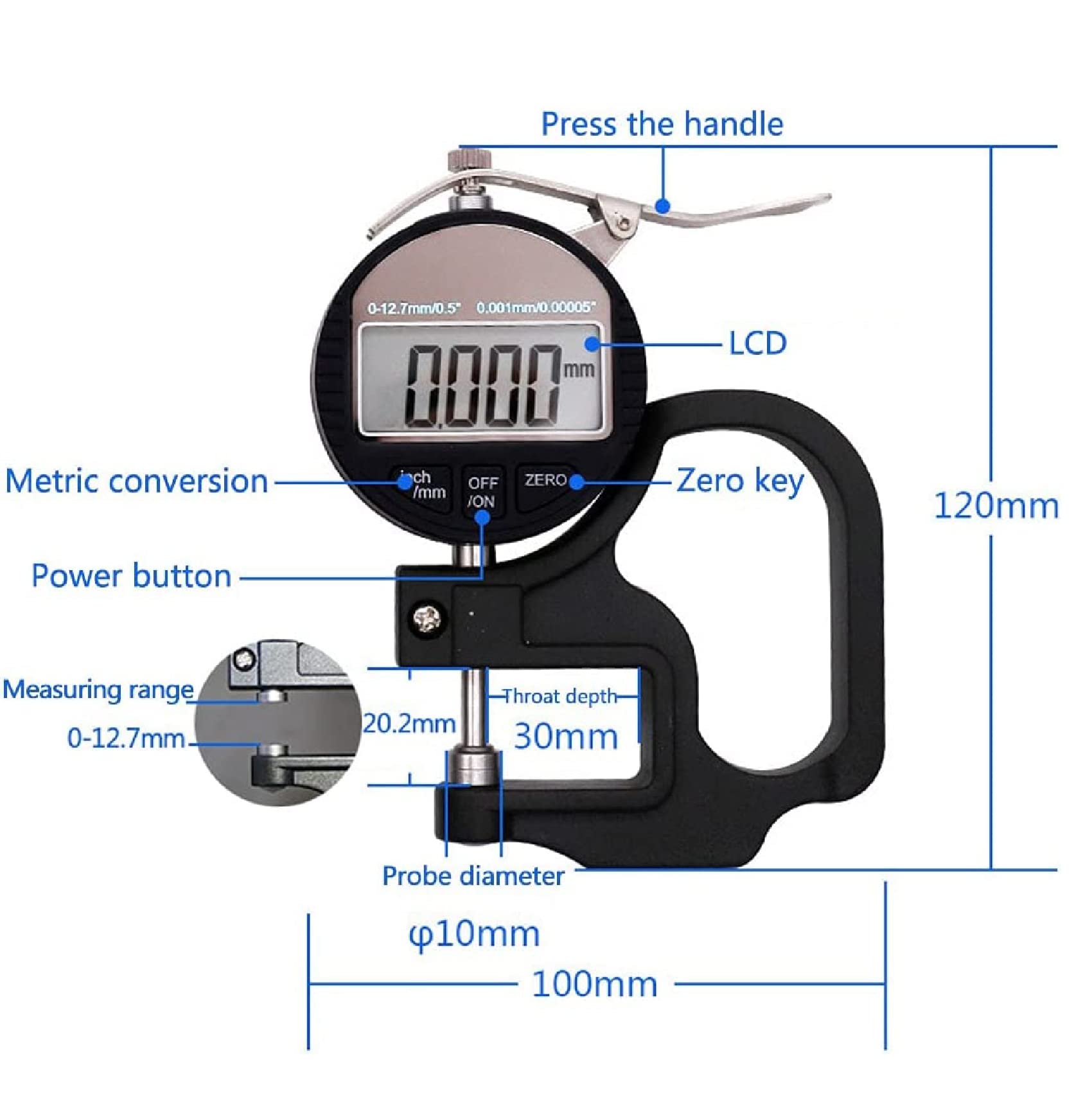 0,001 millimetri Digital Spessimetro Meter Micrometro Elettronico In 0-12.7mm Gamma per Carta Pelle Panno Film Nastro Filo Strumento di Misura