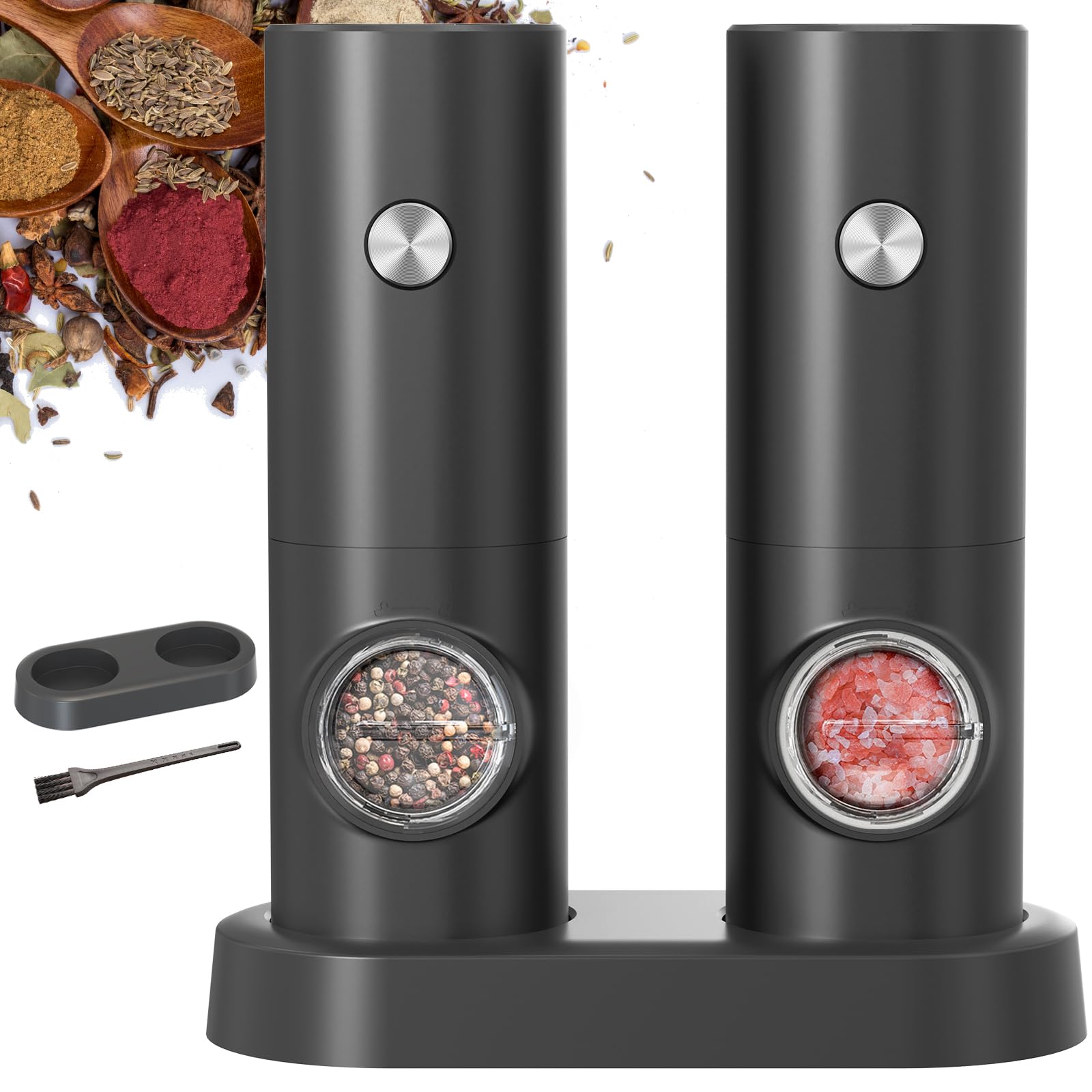 CIRCLE JOY Electric Salt and Pepper Grinder Set, Battery Operated Pepper Mill Grinder with Base, Adjustable Coarseness and Automatic Single Hand Operation, Black