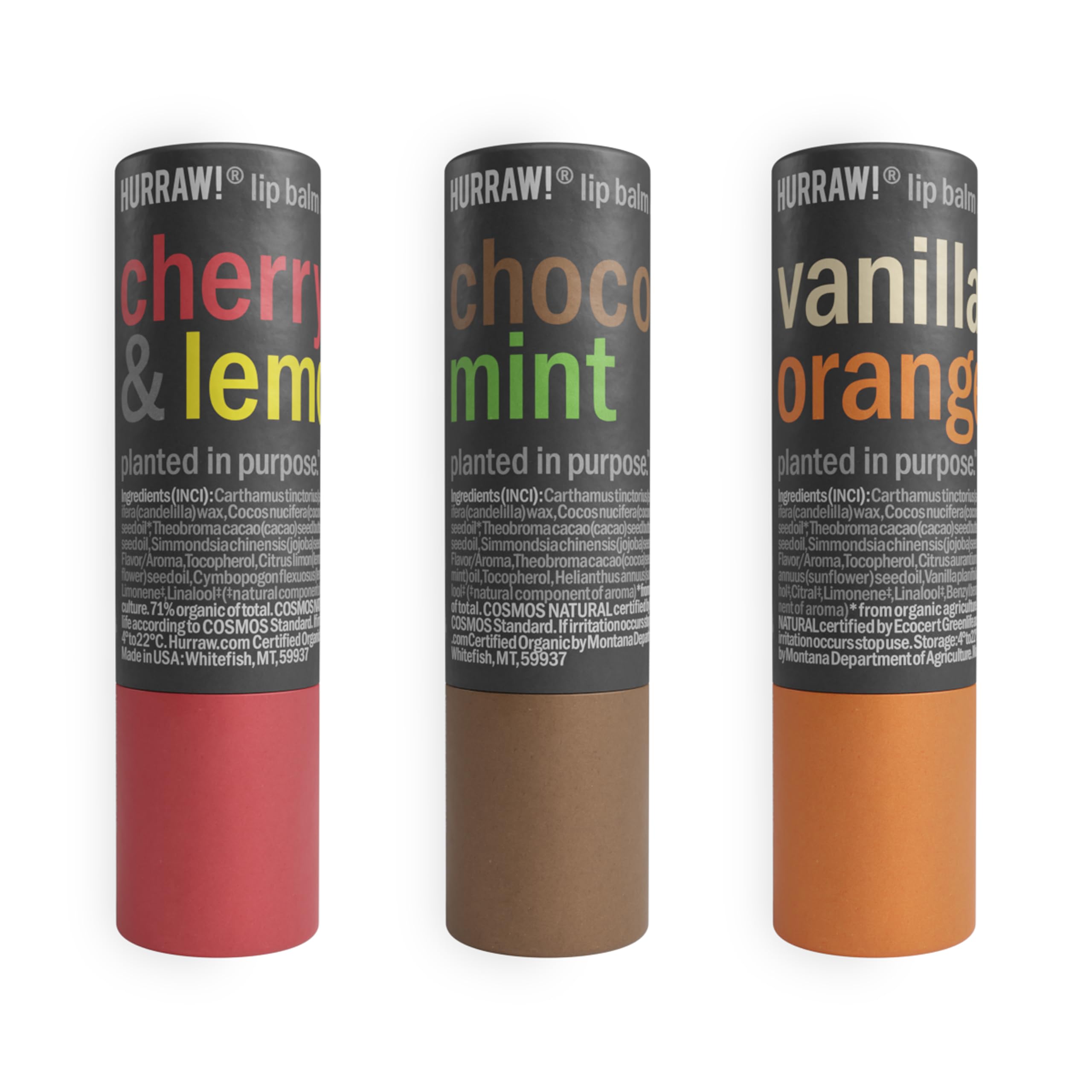 Hurraw! Cherry Lemon, Chocolate Mint & Vanilla Orange Lip Balm 3 Pack Bundle: Plastic-Free with new cardboard push-up tube. Certified Organic, Natural