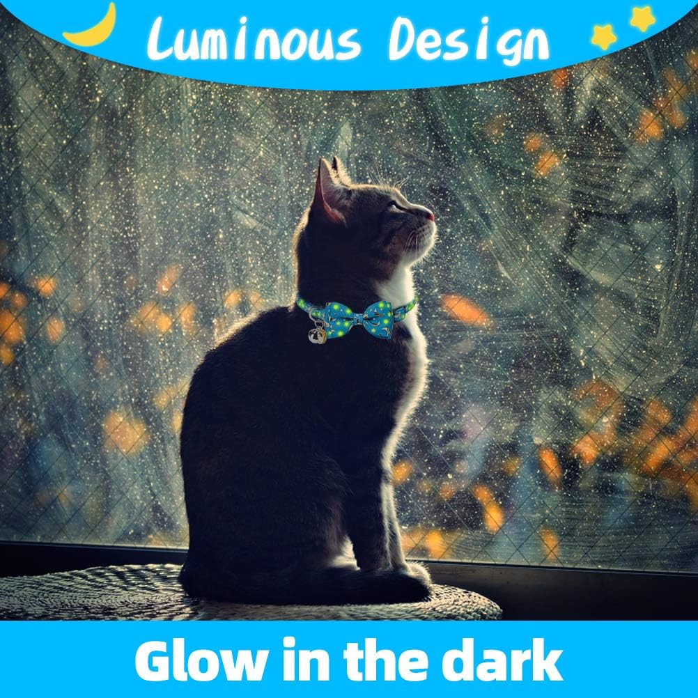 BINGPET Breakaway Cat Collar with Bell 3 Pack, Adjustable Luminous Kitten Collar with Star & Moon Patterns, Removable Bow Tie, Glow in The Dark