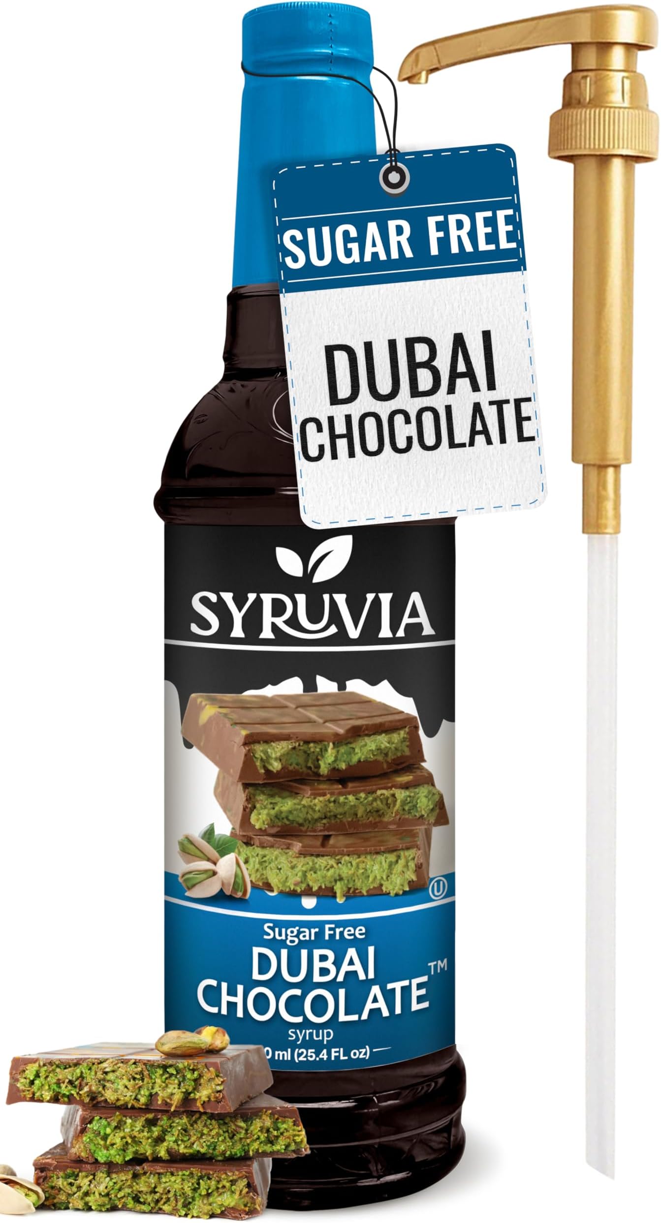 Syruvia Sugar Free Coffee Syrup, Dubai Chocolate Flavored Syrup for Drinks, Lattes, and Desserts – 25.4 fl oz, With Pump