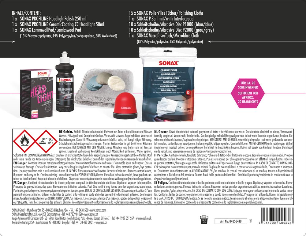SONAX PROFILINE ScheinwerferAufbereitungsSet (1 Set) zur Aufbereitung von altersbedingt vergilbten und vermatteten Scheinwerfern aus Kunststoff | Art-Nr. 04056410