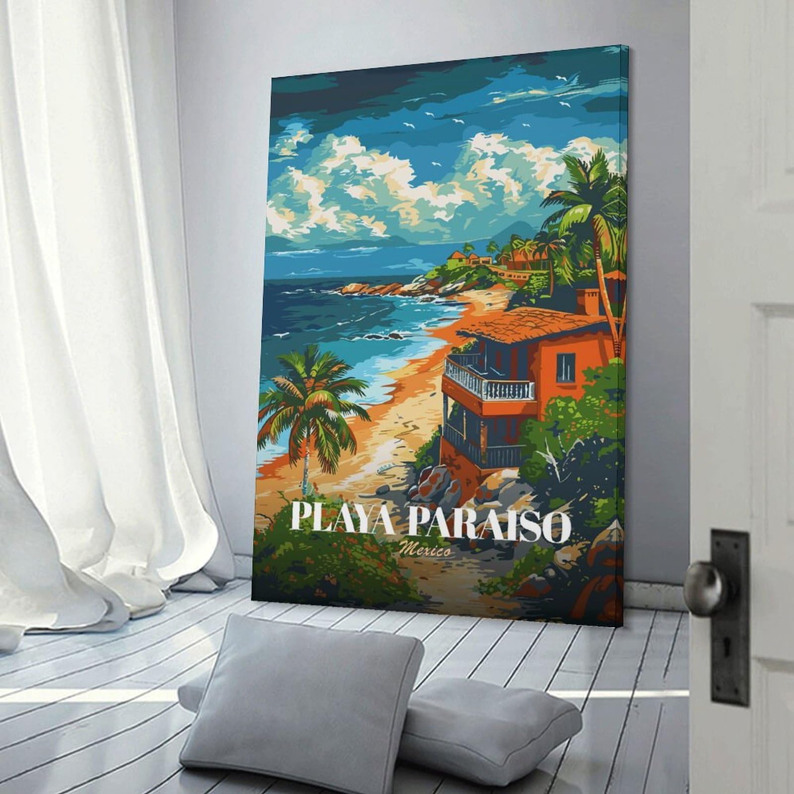 Junmoney Frame-Style-24 Playa Paraiso Mexico Travel Poster Art Canvas Wall Picture, 24X36inch(60X90cm), For Study, Office Or Focused Interiors, Home Office Artwork With Decorative Appeal
