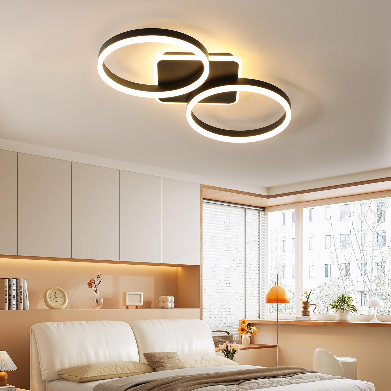 Lámpara de Techo LED Regulable Sala de Estar Negro 42W 65cm | Dormitorio Lampara Techo con Función de Memoria, Diseño Moderno de 2 Anillos Iluminación de Techo con APP de Control Remoto