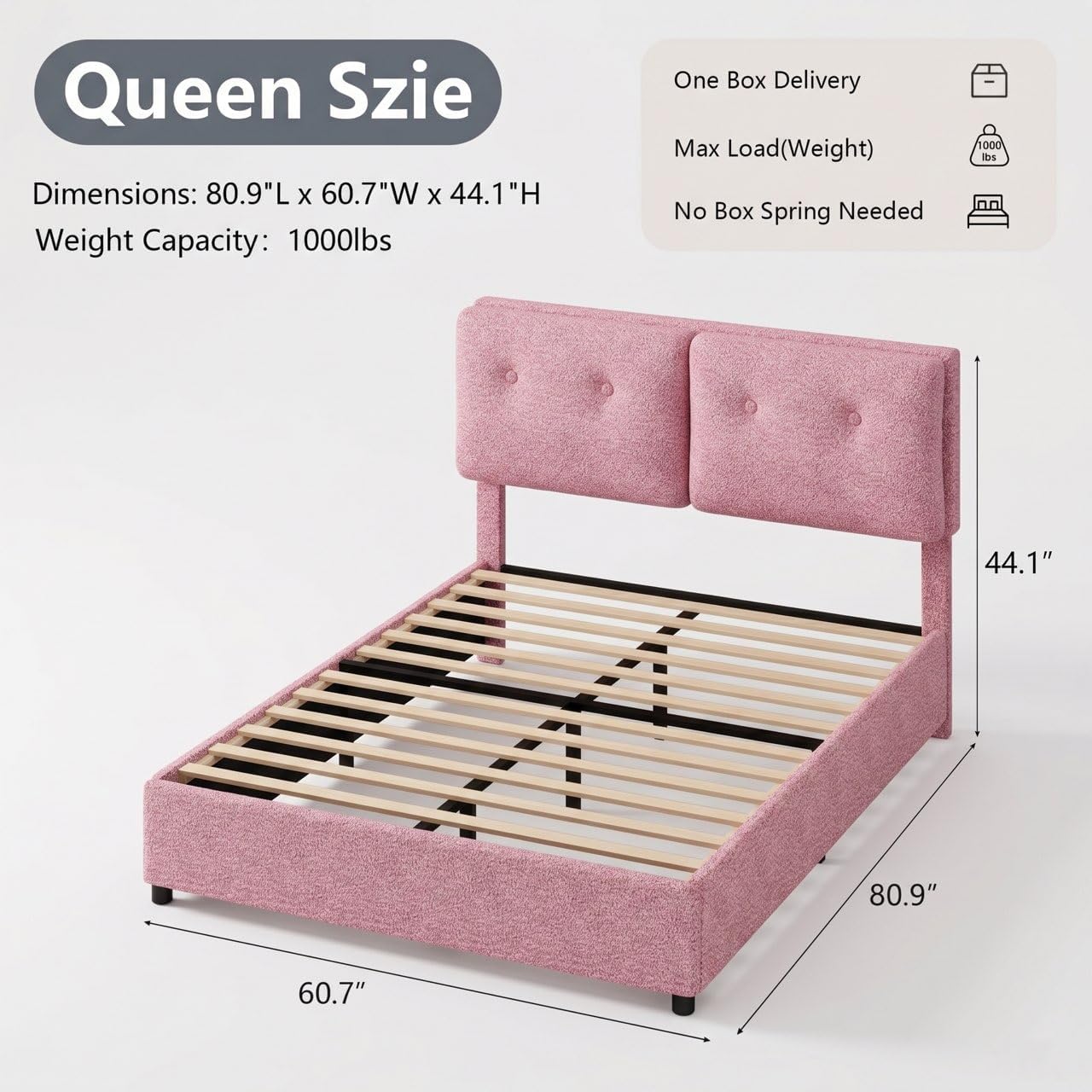 IMMERSTABLE Bed Frame Queen Size, Boucle Upholstered Bed Frame with Headboard, Removable and Washable, No Box Spring Needed, Wood Slat Support, Easy Assembly, Pink