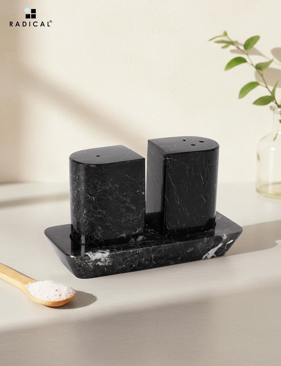 Radicaln Marble Salt and Pepper Shakers – 2.5" Black Handcrafted Stone Spice Set for Kitchen Table, Saleros Pink Salt Holder, Farmhouse Kitchen Decor, Elegant Home Essentials