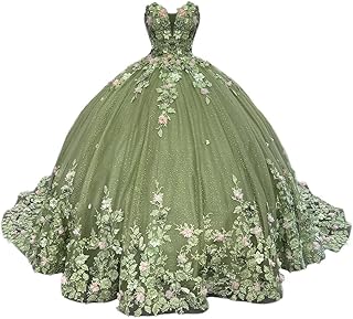 Strapless 3D Flower Quinceanera Dresses with Train Applique Tulle Sweet 16 Dresses Beaded Puffy Quinceañera Dress - Buy now