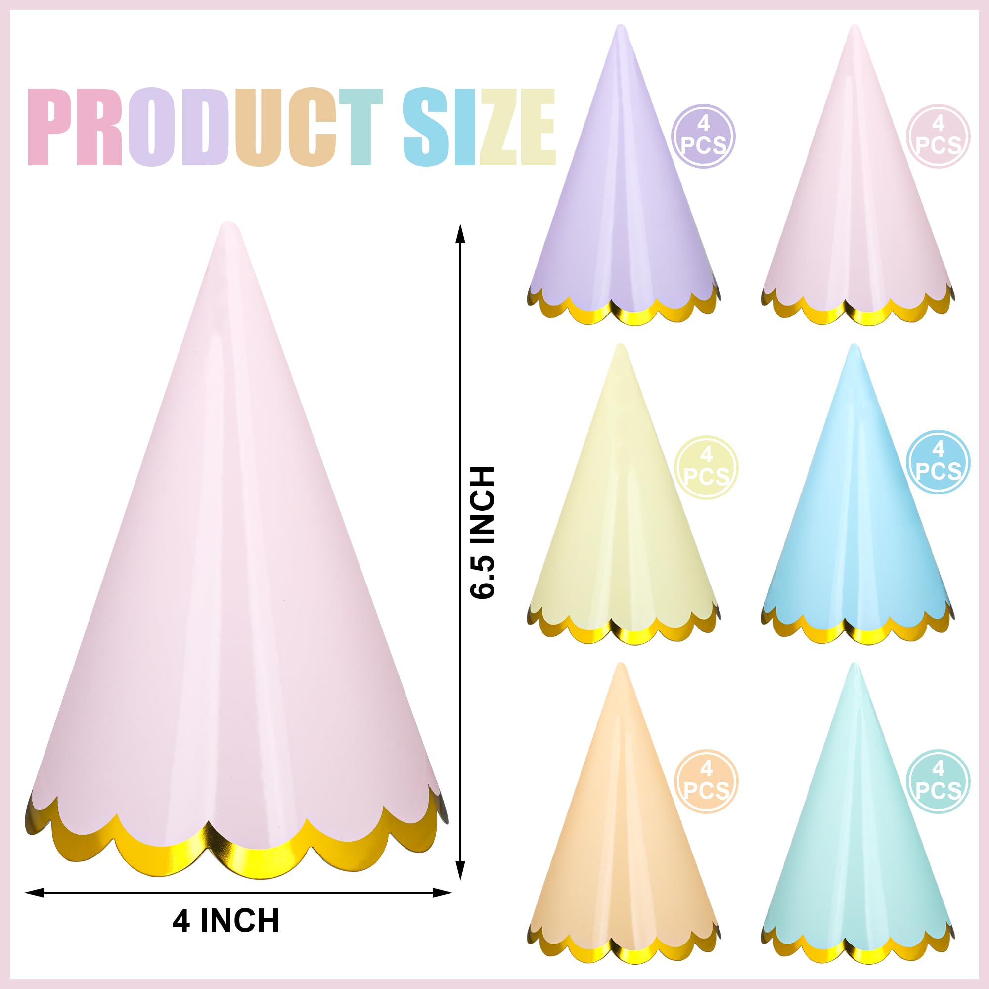 Fairooth 24 Pcs Pastel Birthday Party Hats Colorful Cone Birthday Hats Rainbow Cone Paper Hat with Elastic String for Baby Shower Bridal Wedding Party Supplies