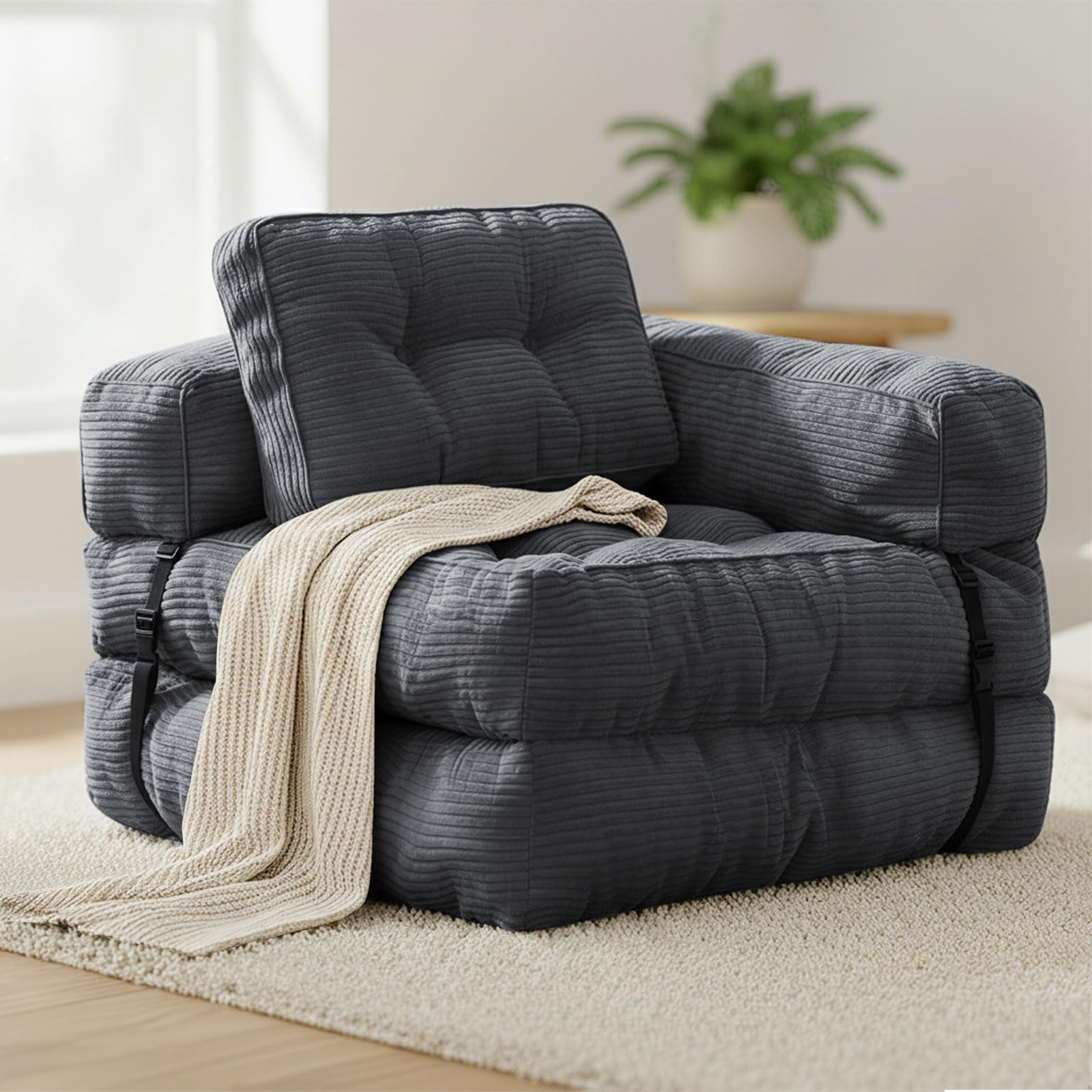 Folding Sofa Bed, L-Shaped Convertible Sleeper Chair Bed Mattress for Adults with Pillow, Foam Foldable Floor Lounge Couch Beds with Armrest for Living Room Bedroom Apartment Small Space, Dark Gray