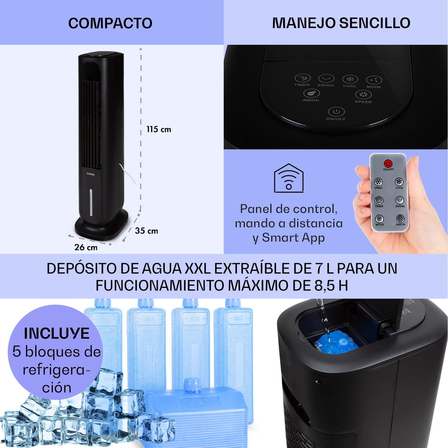 Klarstein Polar Tower Smart Climatizador Evaporativo – 4 en 1: Ventilador, Humidificador & Purificador, Control App & Alexa, Depósito 7L, 3.306 m³/h, Modo Noche, Portátil con Ruedas, Negro