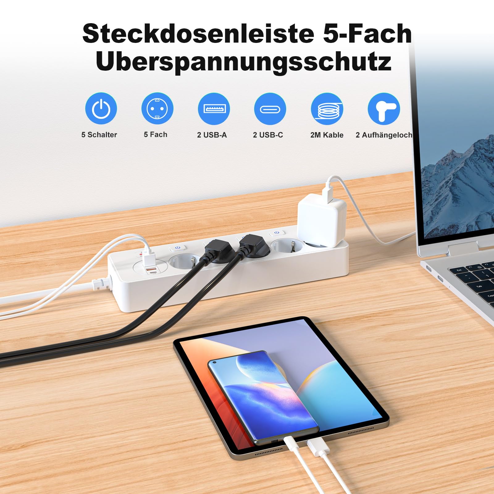 Listwa zasilająca z 5 gniazdami, indywidualnie przełączana, z 2 gniazdami USB A i 2 USB C, 5 gniazd z przełącznikiem, listwa zasilająca, montaż ścienny, z kablem przedłużającym 2 m, PD 20 W, biała