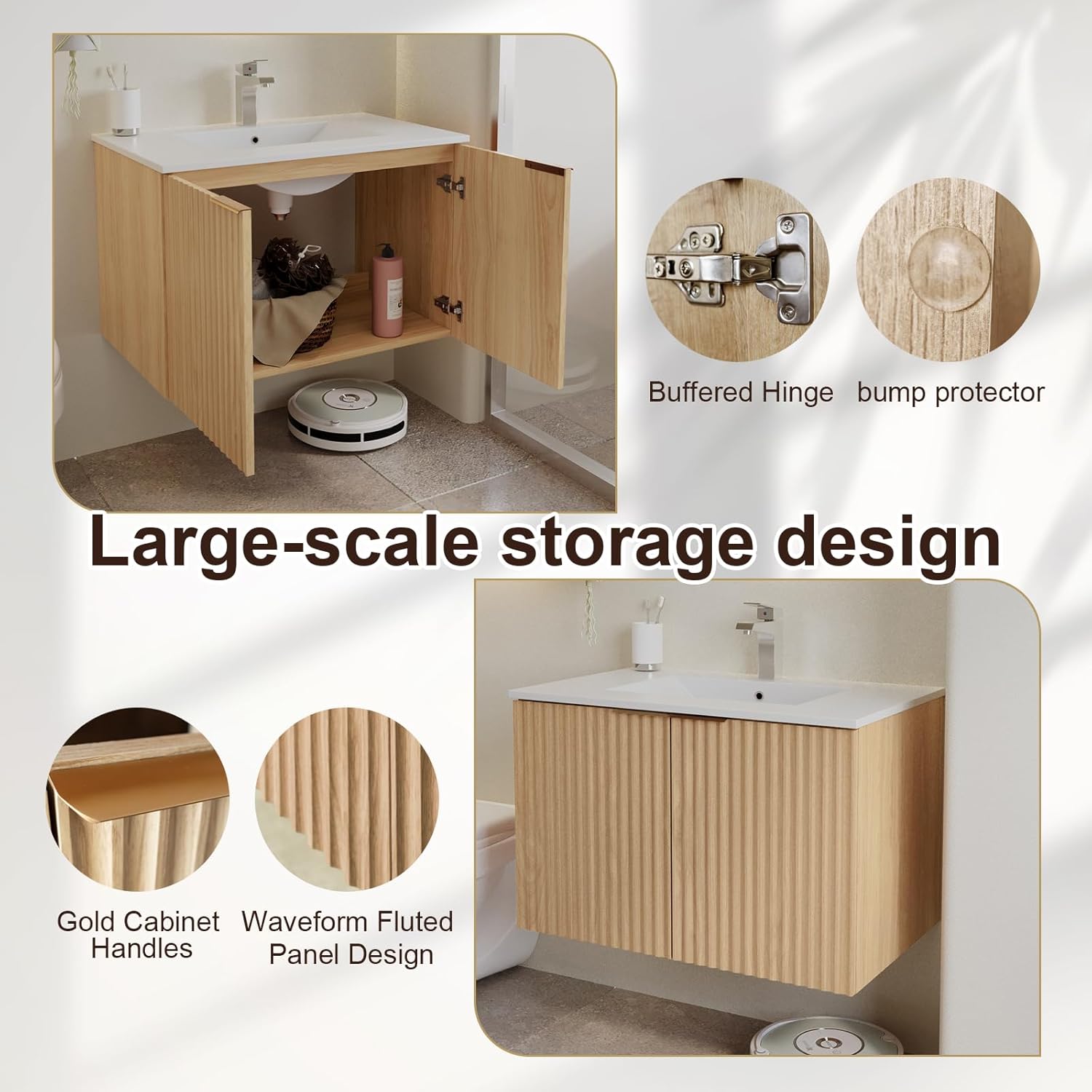 Modern Bathroom Vanity with Sink, Floating Wall Mount Cabinet with Wavy Textured Doors, Waterproof Storage for Small Bathroom, Soft-Close Design, Nature Wood (30")