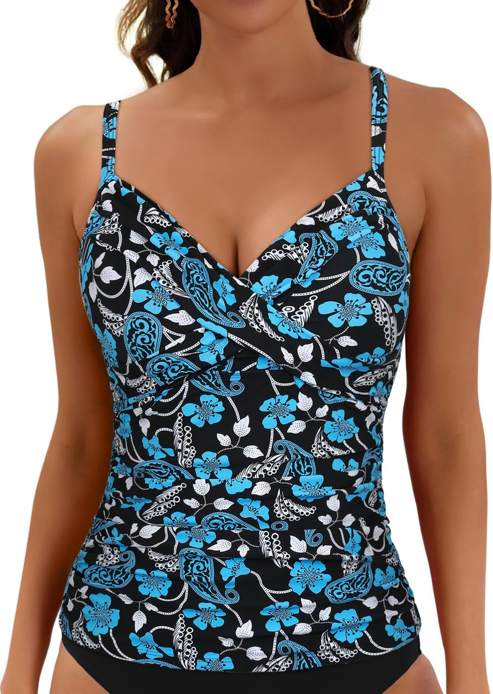 Cindy's aunt Women's Underwire Tankini Tops V Neck Criss Cross Push Up Swimsuit Tops Ruched Tummy Control Bathing Suit Top