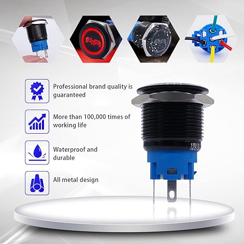 Miniatura 3 de mankk Interruptor de botón de bloqueo de 0748in LED rojo 12 V SPST encendidoapagado impermeable negro luces traseras de acero inoxidable 10 A 24 V