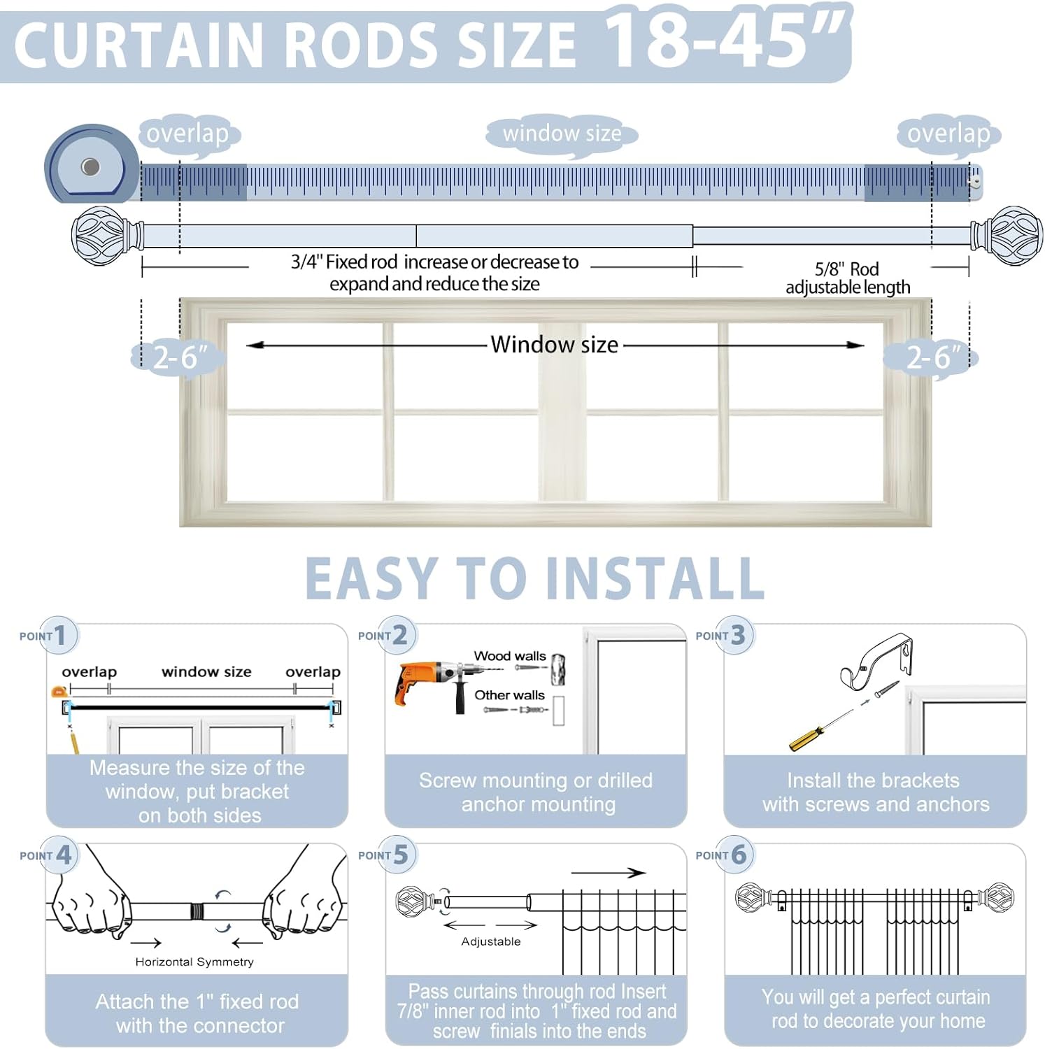 Black Decorative Farmhouse Curtain Rods:18-45 Adjustable Heavy Duty Single Window Curtain Rod for Bedroom Living Room,Matte Black Boho Rustic Drapery Rods with Vintage Twist Finial Easy Install