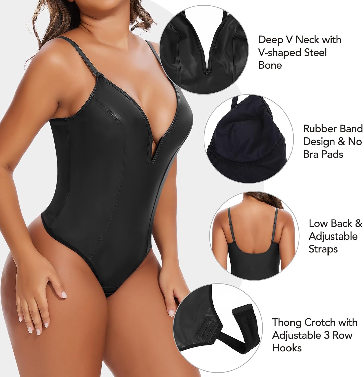 SHAPERIN Women's Deep V Neck Faux Leather Corset Bodysuit Tummy Control Shapewear Thong Body Shaper Plunge Cami Top - Image 3