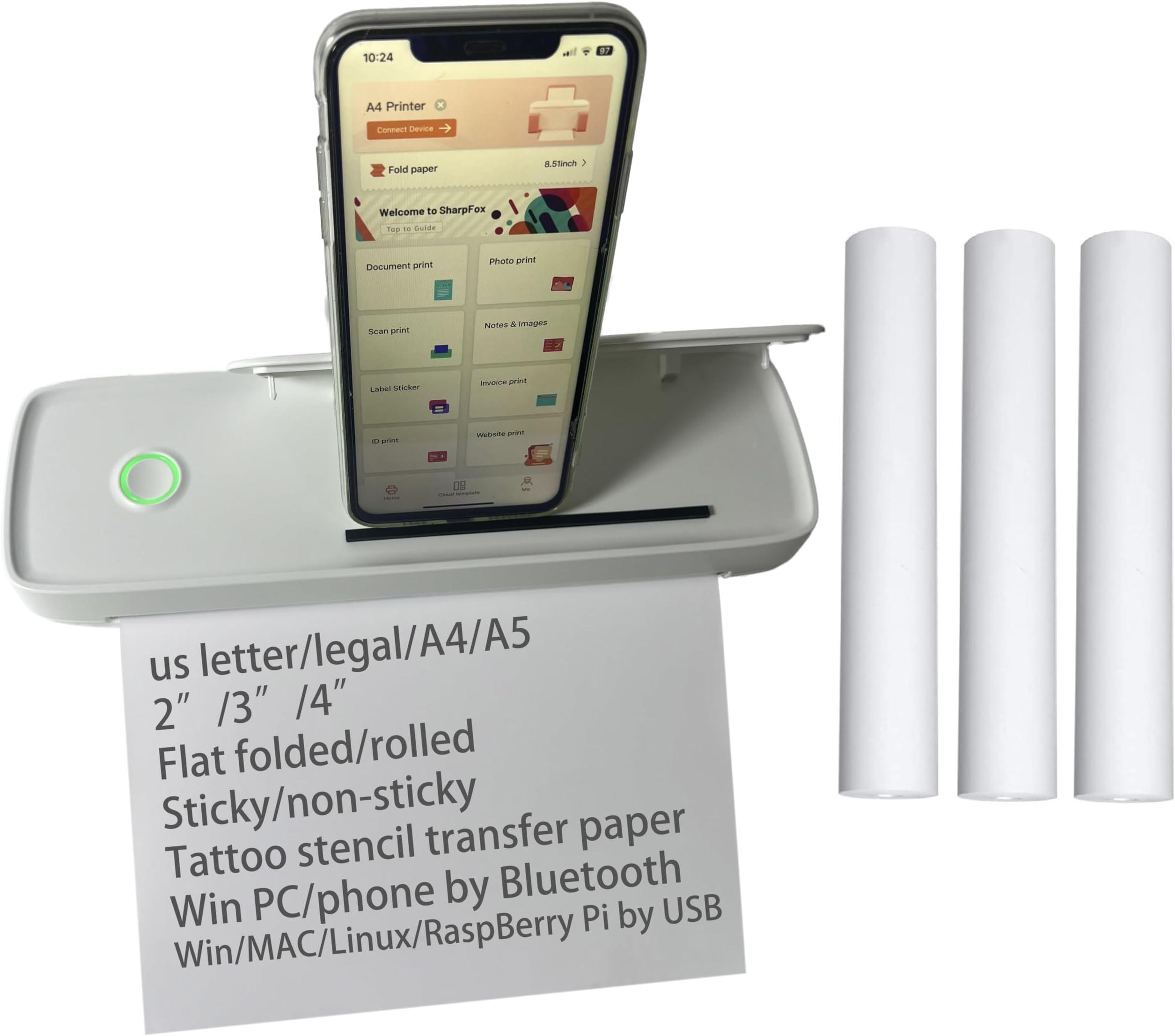 IOOIOO A81 Portable Printer with Holder, Wireless Bluetooth Mini Inkless for Home Travel Office, Support Rolled&Flat 8.5X11 US Letter Legal A4 Thermal Paper, for Phone Win MAC Linux Raspberry Pi