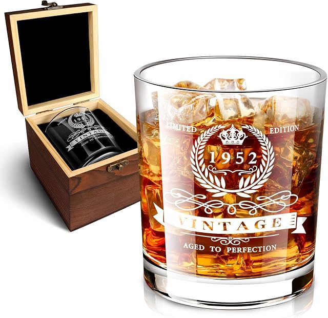 70th Birthday Gifts for Men, 1952 Whiskey Glass in Valued Wooden Box, Vintage 1952 Anniversary Etched 12oz Whiskey Rocks Glass for 70 Years Old Dad, Husband, Friend, 70th Birthday Decorations for Men