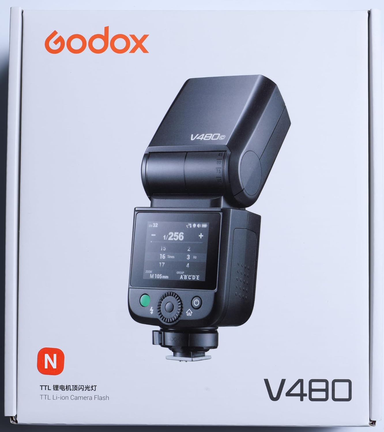 Close-up of Godox V480N touchscreen and control buttons