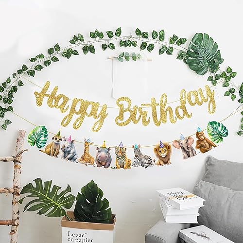 Miniatura 8 de Pancarta de fiesta de cumpleaños de animales salvajes, animales de la selva, 2 unidades, decoración de fiesta de cumpleaños con temática de selva