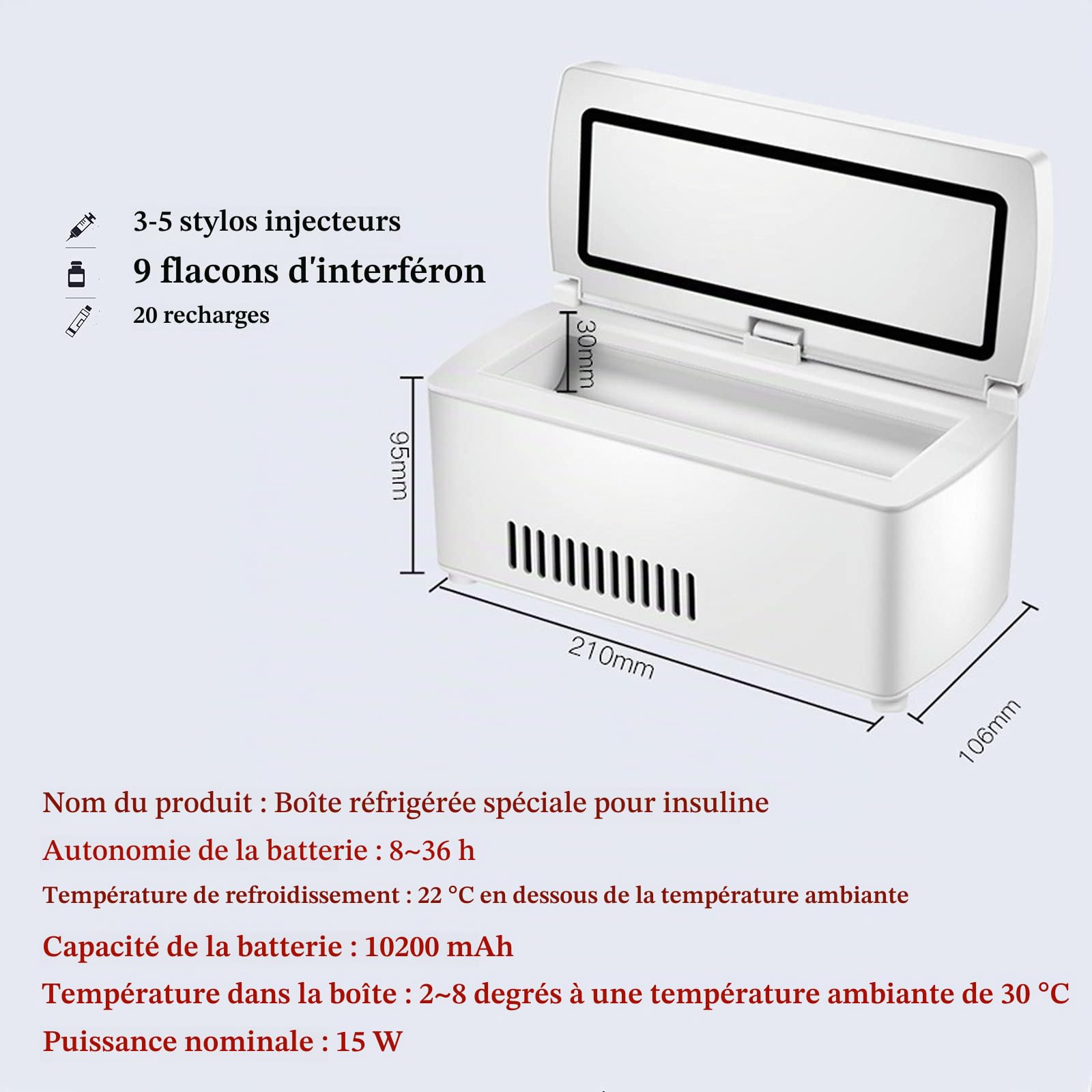 Mini Frigo USB Mini Frigo Medical Mini Réfrigérateur De Voiture Réfrigérateur à Insuline Boîte à Insuline Portable Écran LCD Petite Valise à Pharmacie 2-8℃,B-Dualbattery