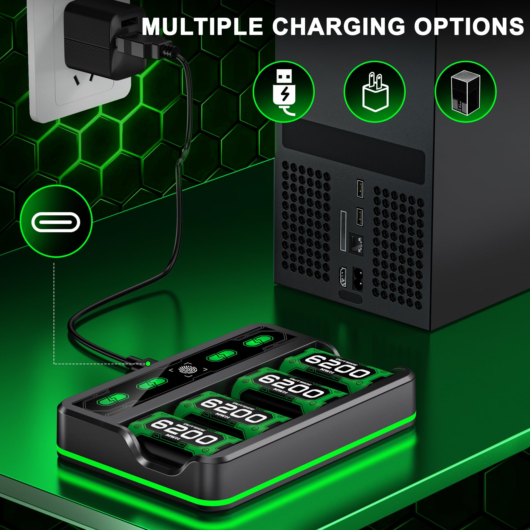 Mocagen 4 Pack 6200mAh Rechargeable Battery Pack for Xbox Series X|S/Xbox One/Elite Controller Charging Station with Touch-Sensor Light Strip, 30+hrs Playtime, Overcharge Protection