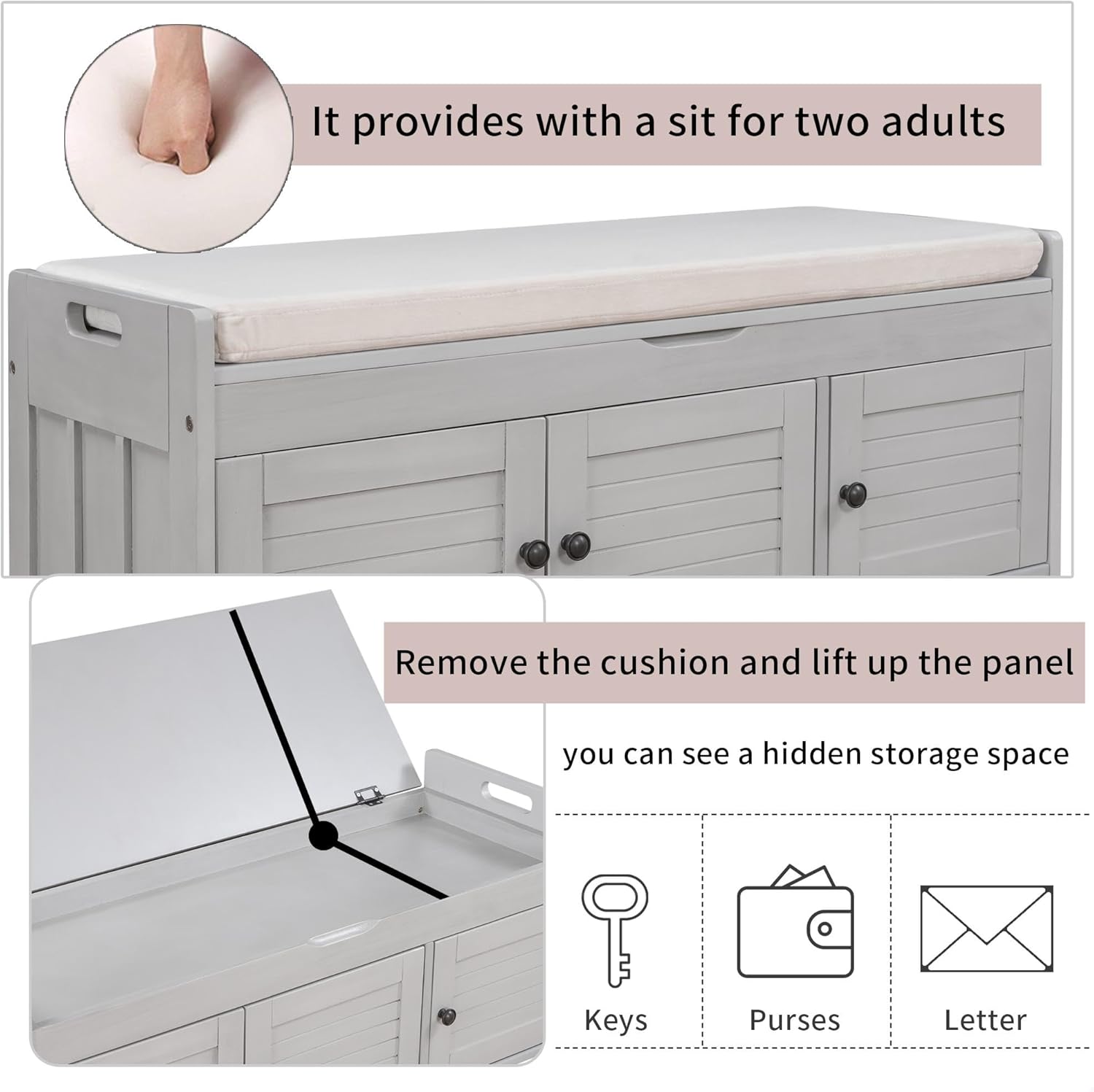 GDFStudio Rustic Storage Bench with 3 Shutter Shaped Doors Removable Cushion Rectangular Storage Ottoman Cabinet Foot Rest Stool Wood Shoe Bench Seating for Entryway Living Room, Gray Wash