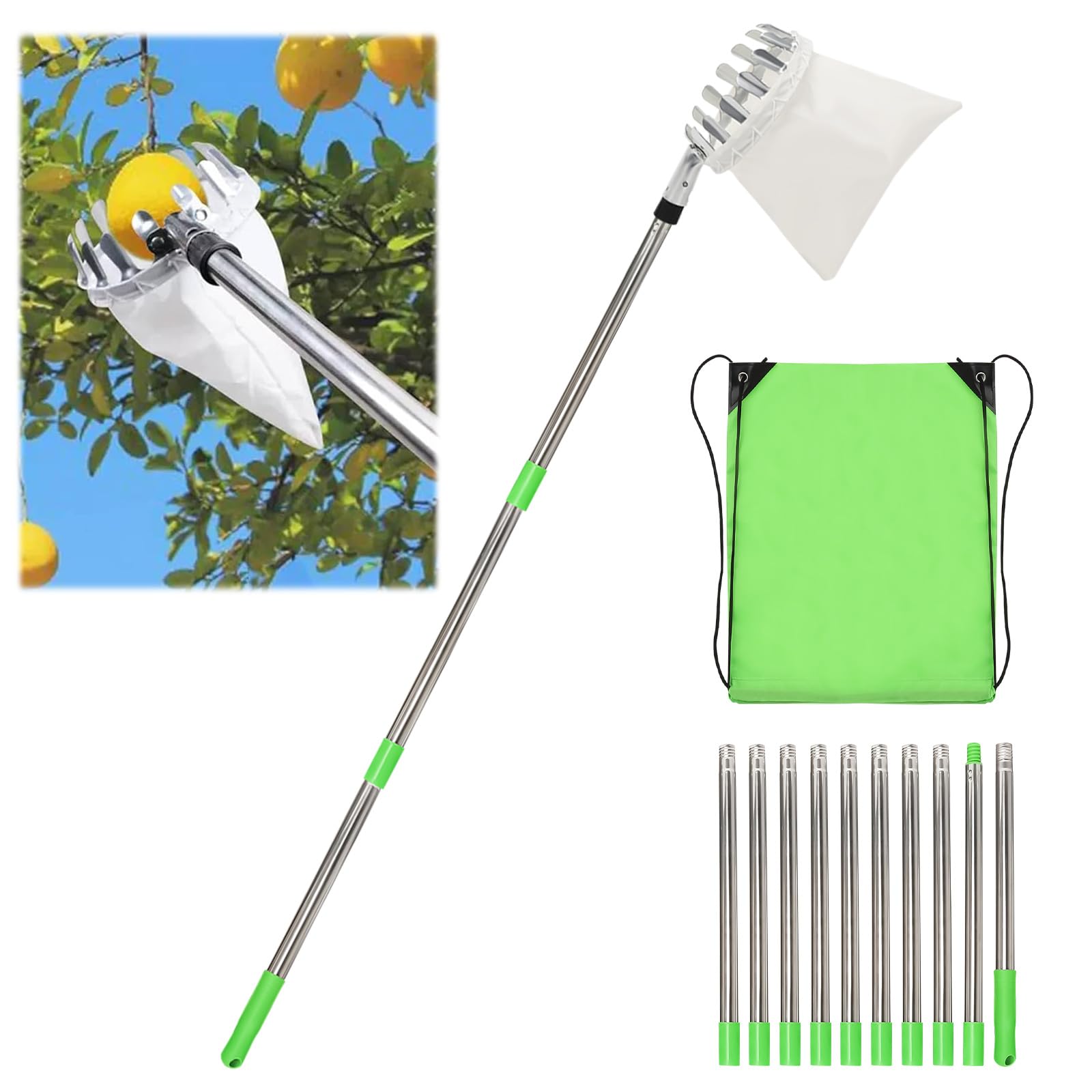 Les-Theresa Fruit Picker with Telescopic Handle, Apple Grabber 2-13Ft Adjustable Telescopic Apple Picker Pole with Telescopic Handle Easy to Assemble Fruit Grabber Picking Tool for Apple Orange Pear