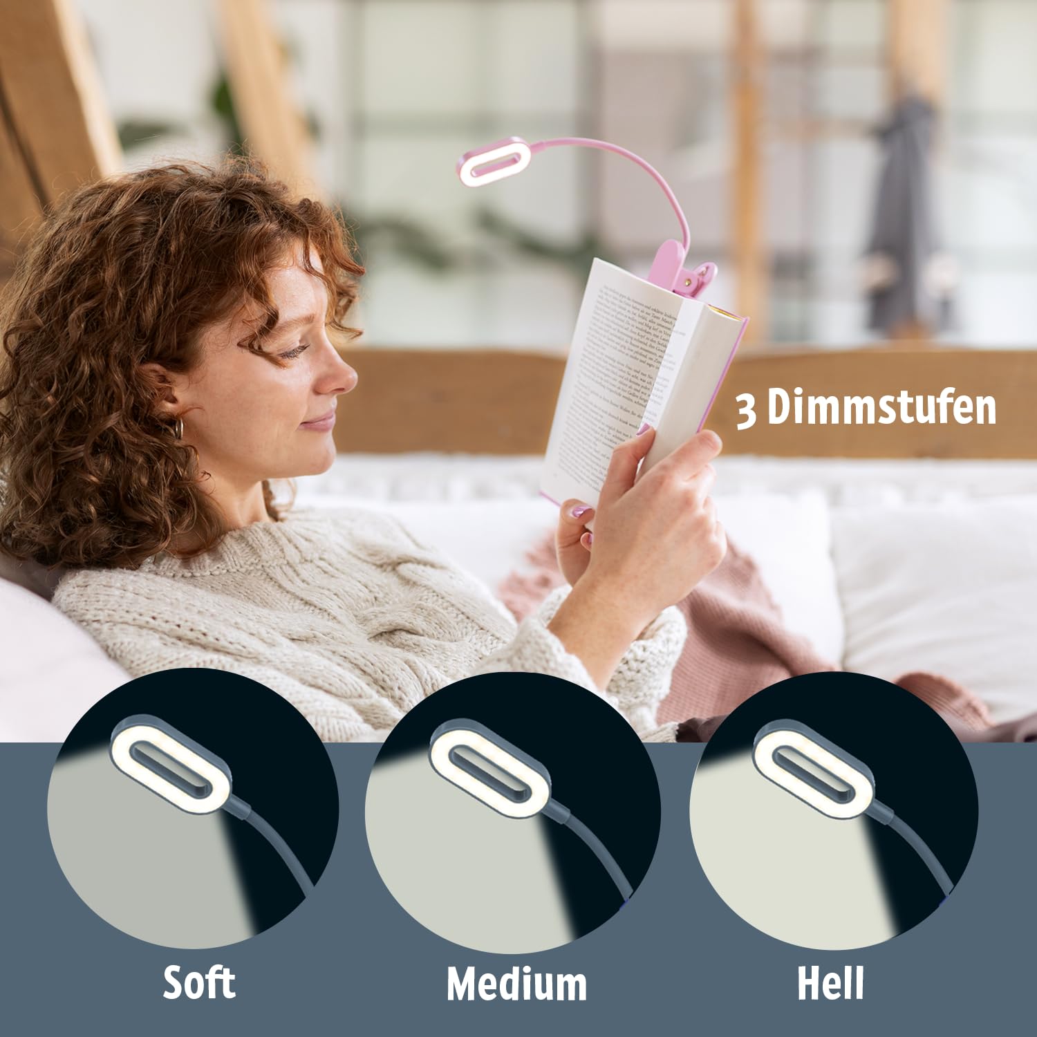 moses. libri_x - Lampada da lettura a morsetto, con funzione touch, con dimmer a 3 livelli