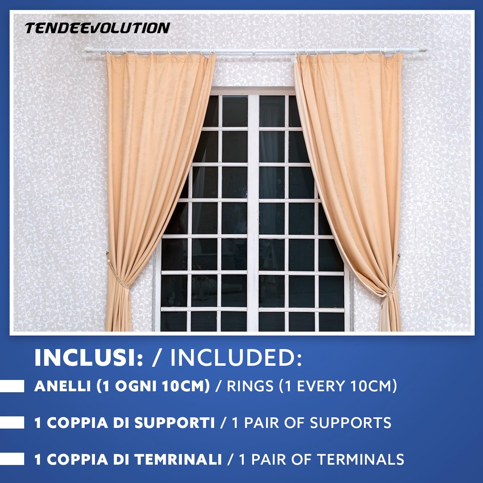 Bastone per Tende in Legno con Anelli completo di Accessori, Diametro 35 mm, Movimento Manuale, Bastone Tenda Bianco e Altri Colori con Supporti e Terminali, Zineffa per Tenda (CILIEGIO, 200 CM)