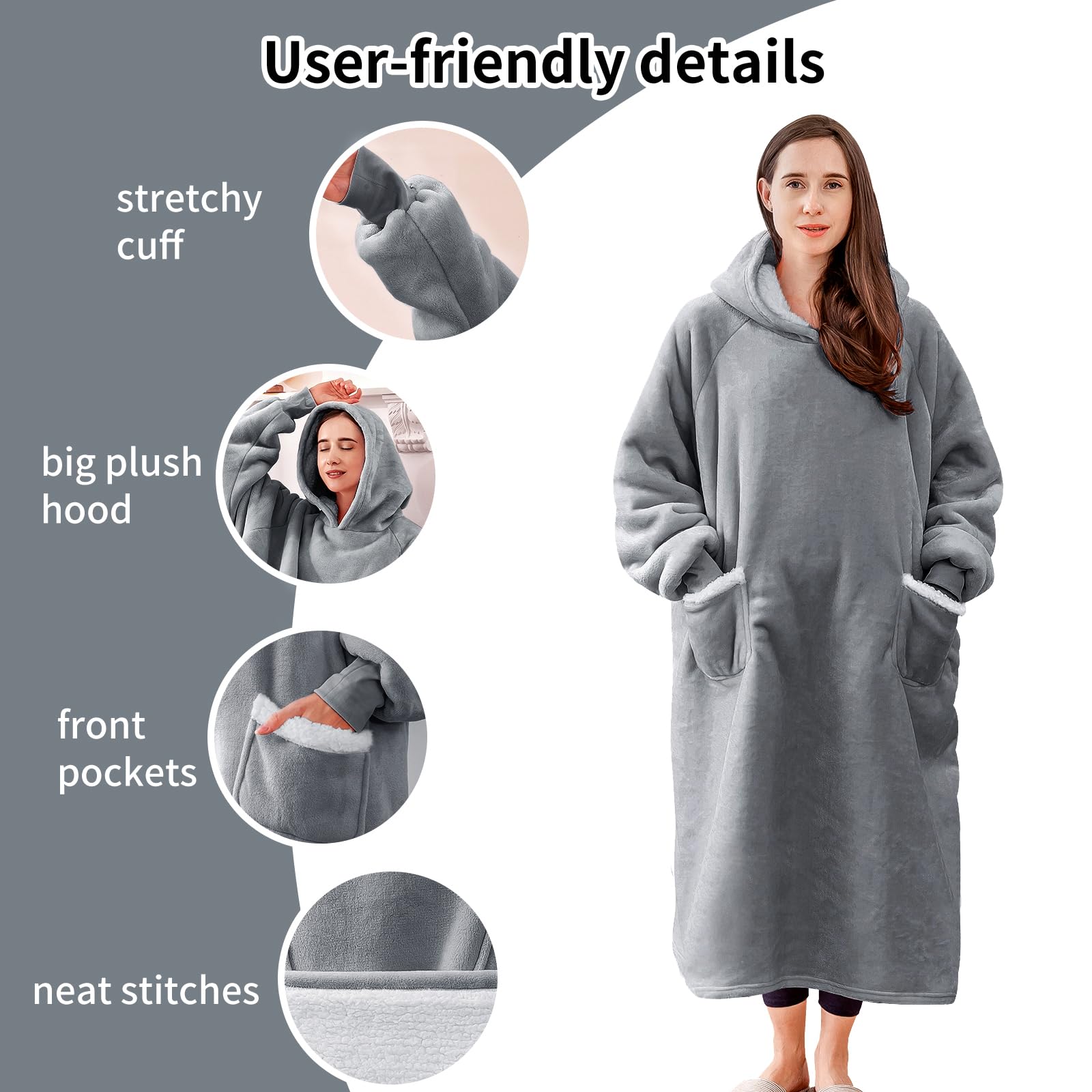 Aisbo Plaid Felpa Coperta con Maniche - Pigiama Coperta Indossabile Donna e Uomo Oversize con Manica e Cappuccio Plaid da Divano con Braccia Pile di Sherpa, Hoodie Blanket (Grigio,130x82cm)