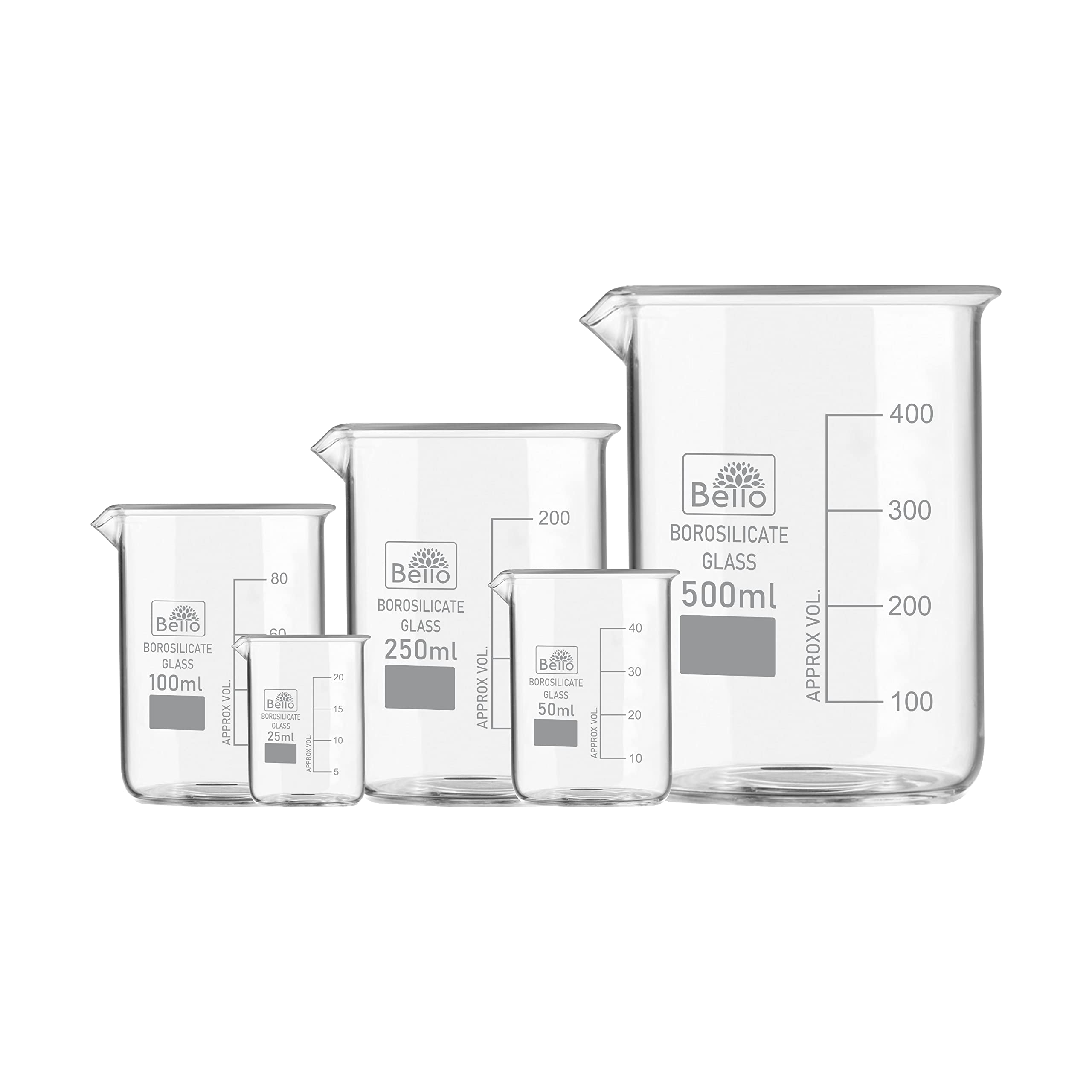 Bello Borosilicate 3.3 Glass Beaker 25ml, 50ml, 100ml, 250ml, 500ml with Graduation Marks, Set of 5 Beakers for school collage chemistry lab laboratory