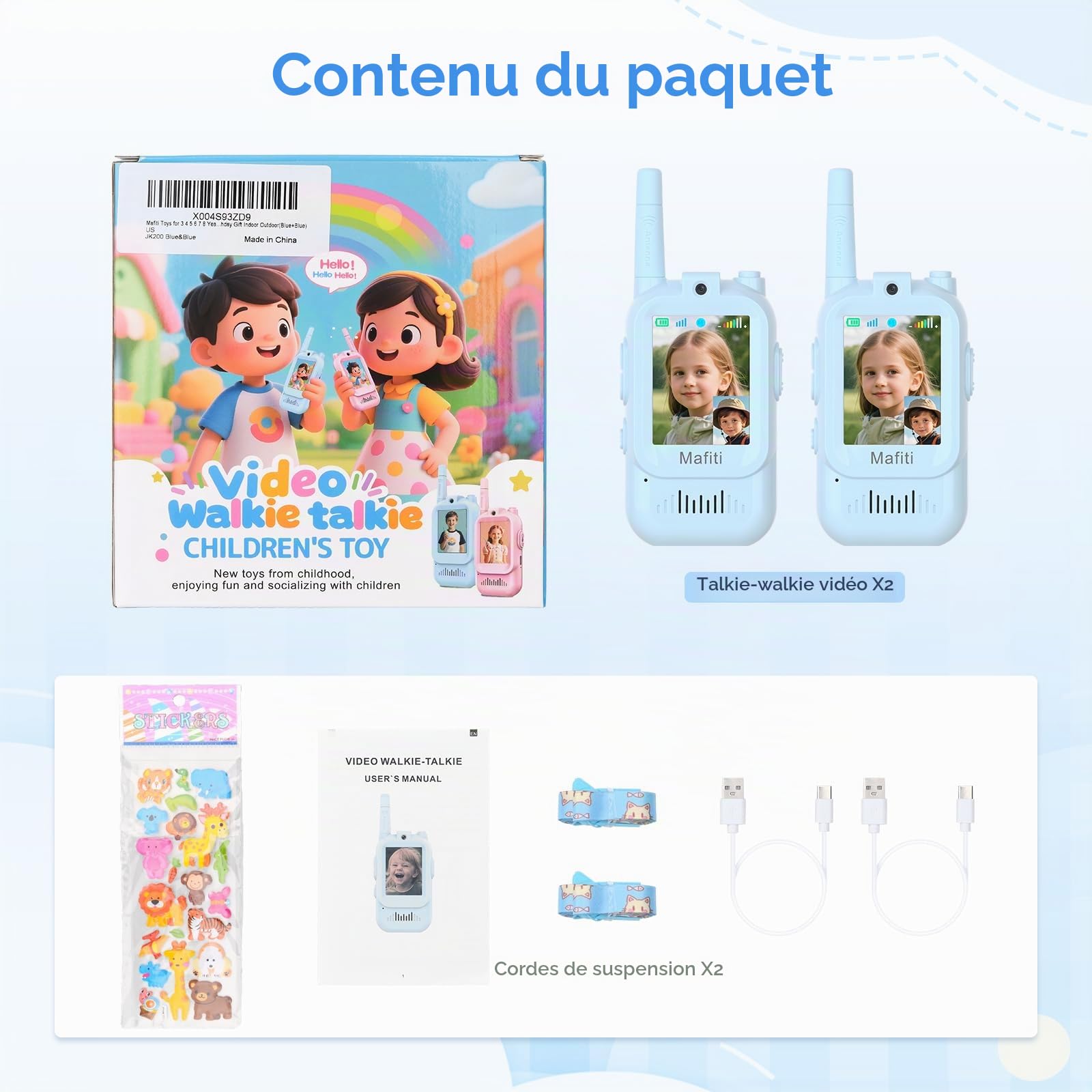 Talkies-Walkies vidéo pour Enfants, Lot de 2, avec Cordon, Bleu + Bleu