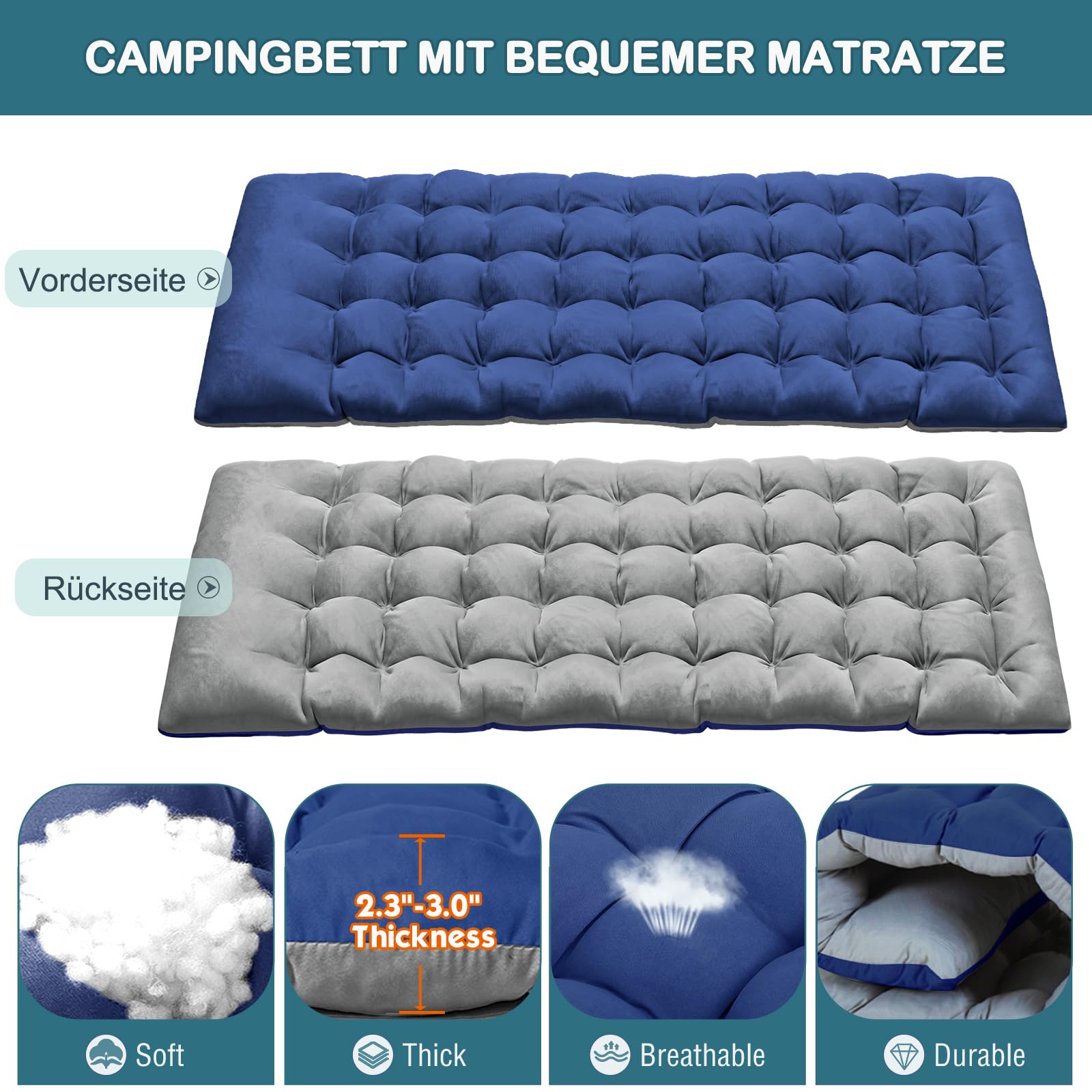 Sonnenliege Klappbett Campingbett Gästebett klappbar liegestuhl 200KG Lastlager Gartenliege Mit Matratze Seitentasche und Kopfstütze Feldbett für Outdoor Indoor Garten Camping (Blau-BK)