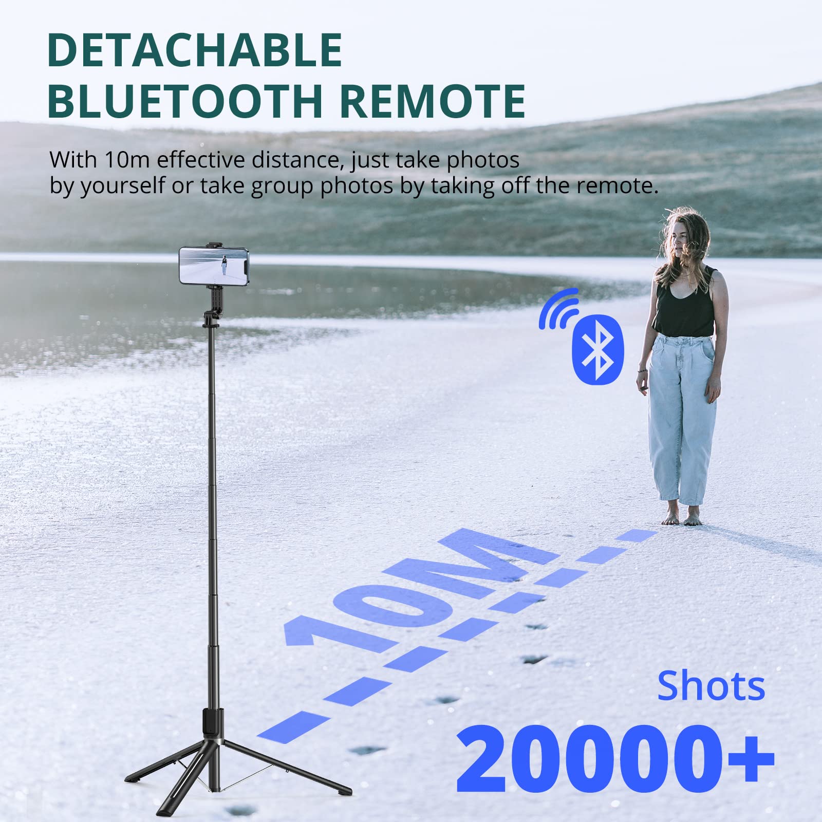 ATUMTEK Kijek do selfie ze zdejmowanym pilotem zdalnego sterowania Bluetooth, 150 cm, wysuwany kijek do selfie do iPhone'a i systemu Android, nagrywanie wideo, blogowanie i transmisja na żywo
