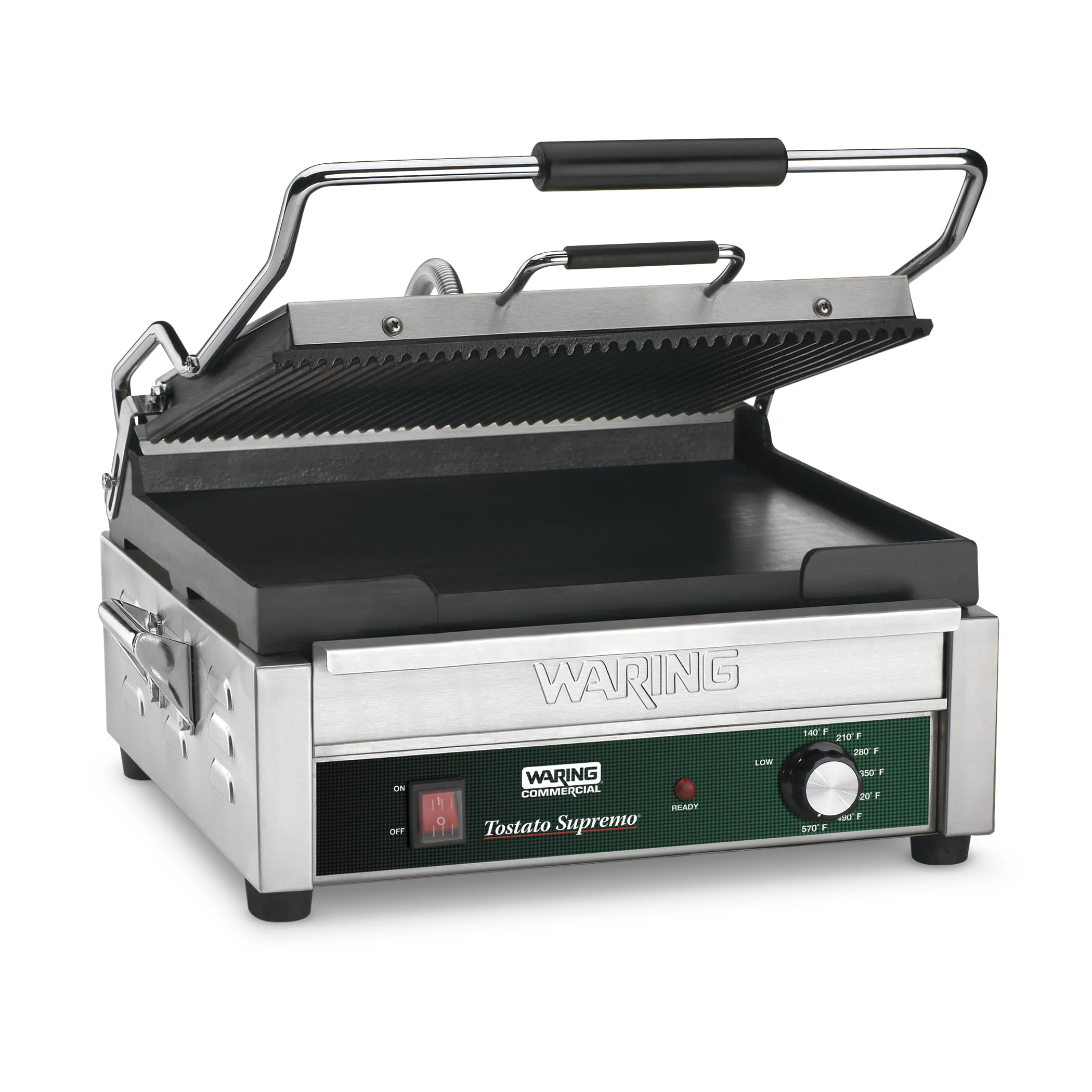 Waring Panini Press with 14.5 x 11 Cooking Surface & Ribbed & Flat Plates | Ribbed & Flat Cast Iron Plates 14.5 x 11 Cooking Surface 570F Adjustable Thermostat 120V product thumbnail 2