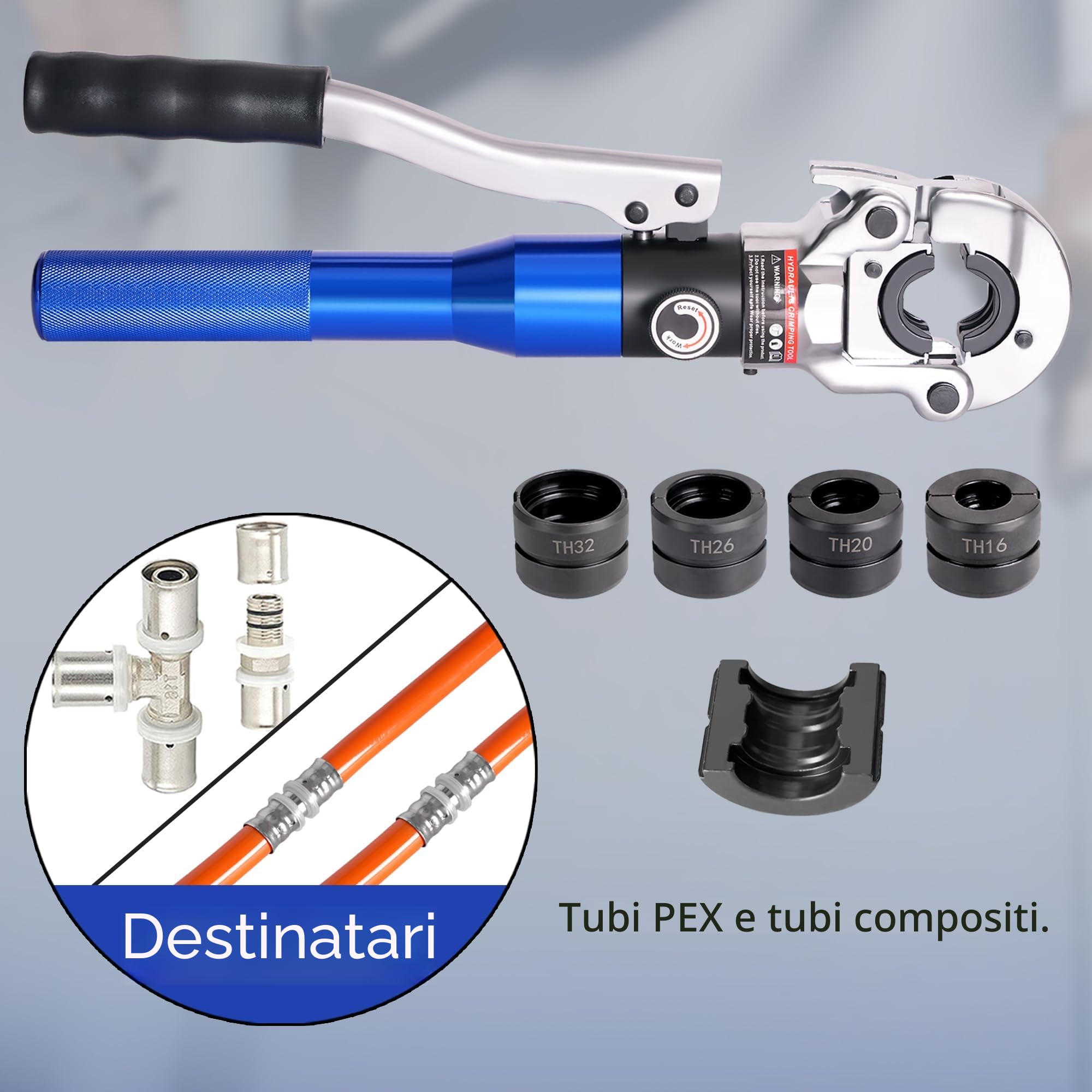 AMZCNC Crimpatrice professionale, profilo a TH, set da 16-20-26-32 mm, per tubi compositi, con raccordi del profilo a TH, con inserti a ganasce TH16, TH20, TH26, TH32