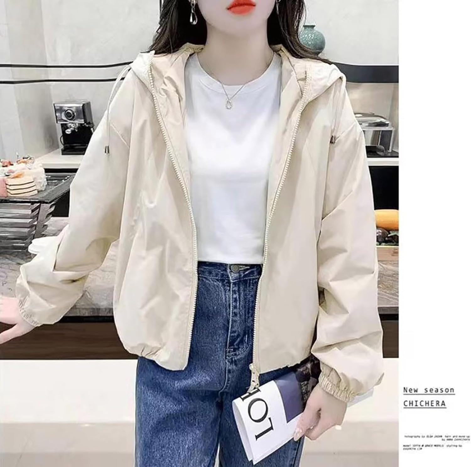 （BaLuoTe）マウンテンパーカー レディース 長袖 フード付き アウター 無地 体型カバーカジュアル ウィンドブレーカー 薄手