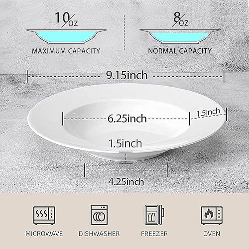 Miniatura 2 de Artena 10 Ounce Pasta Bowls Set of 4, Elegant White Soup Bowls, Wide Rim Salad Bowl, Premium Porcelain Pasta Plate Bowl, Shallow Soup Plates for