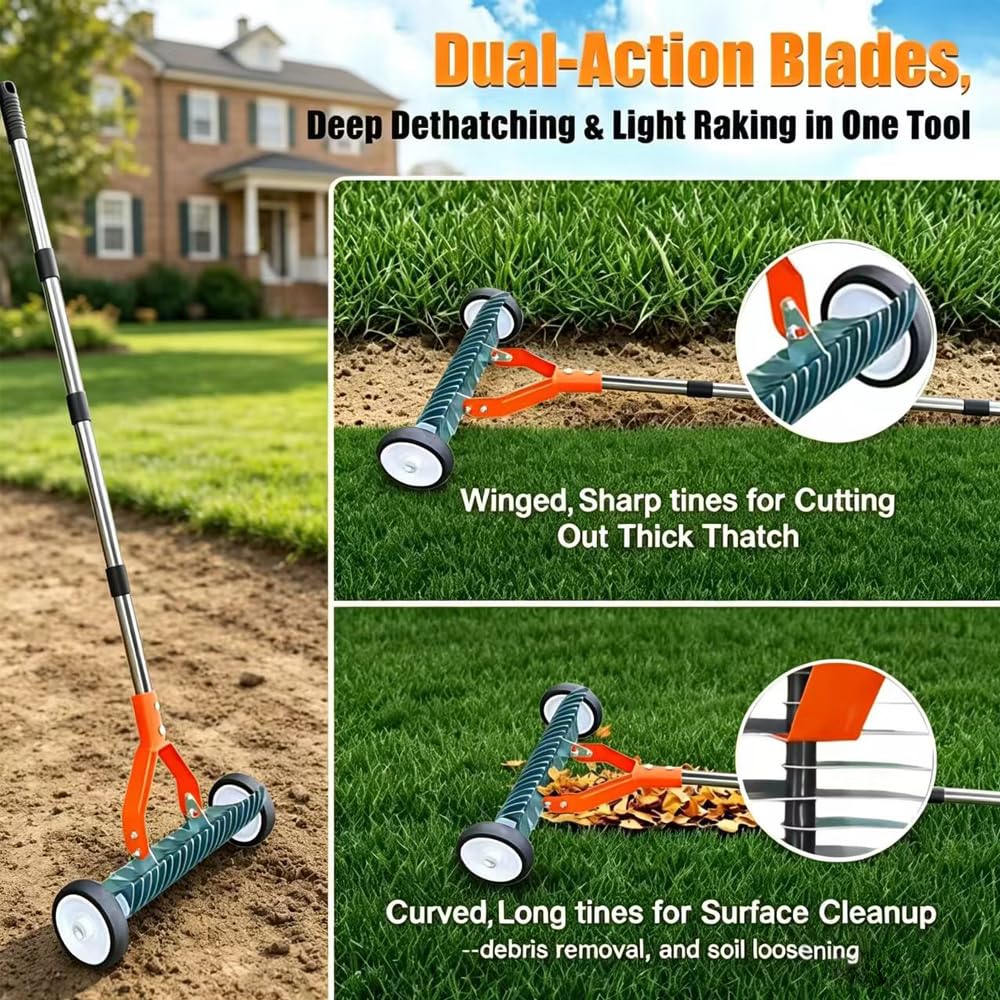 Escarificador Manual con Ruedas, Escarificador Cesped Manual con Mango de 165 cm Ajustable, con Bolsa para Residuos de Jardín, para Eliminar Hierba Muerta, Aflojar el Suelo