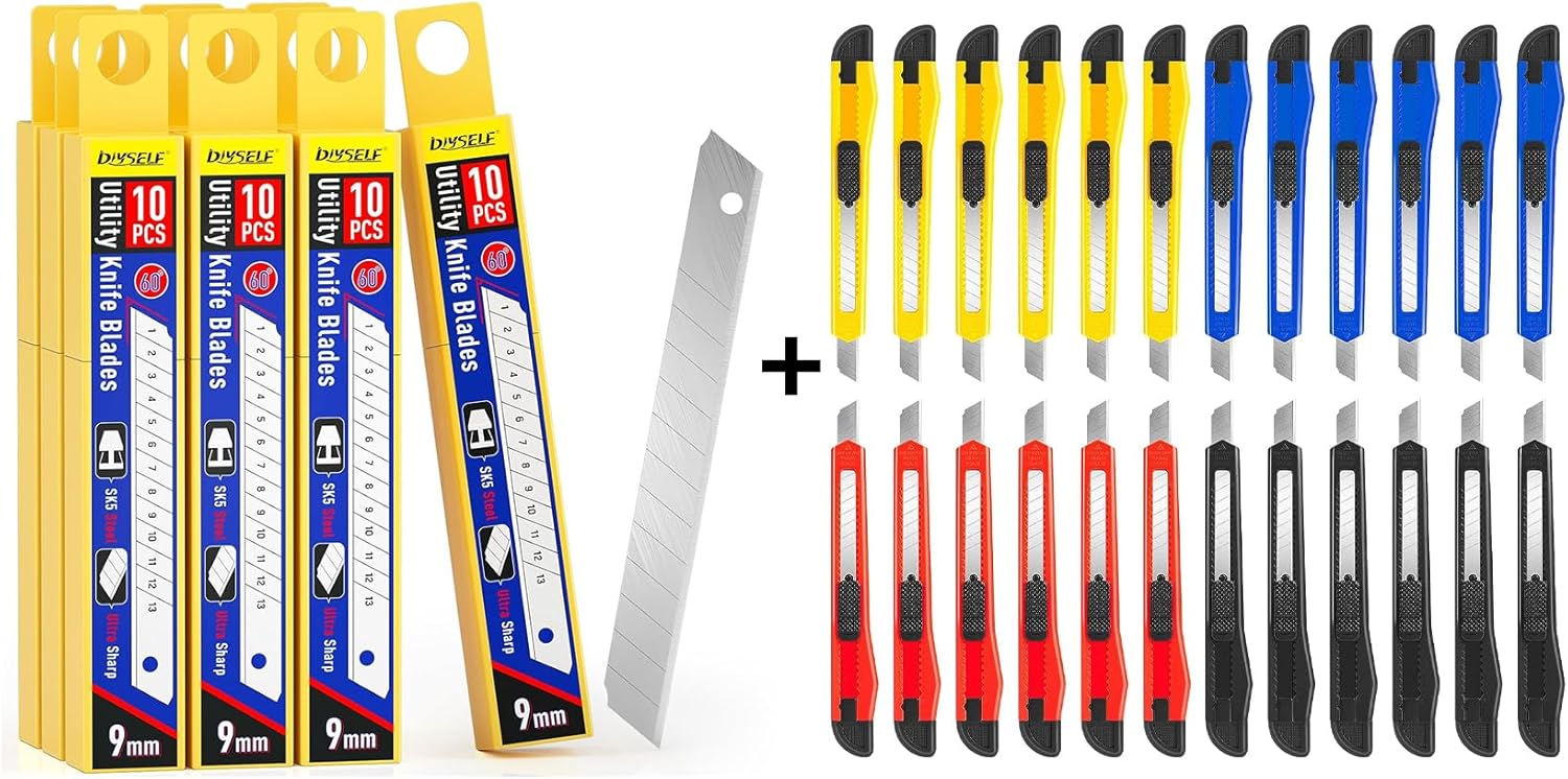 DIYSELF 24Pack Box Cutters and 100Pcs 9MM Wide Blades (60°), Utility Knife Box Cutter Retractable, Compact, Extended Use for Heavy Duty Office, Home, Arts Crafts, Hobby(Mix)