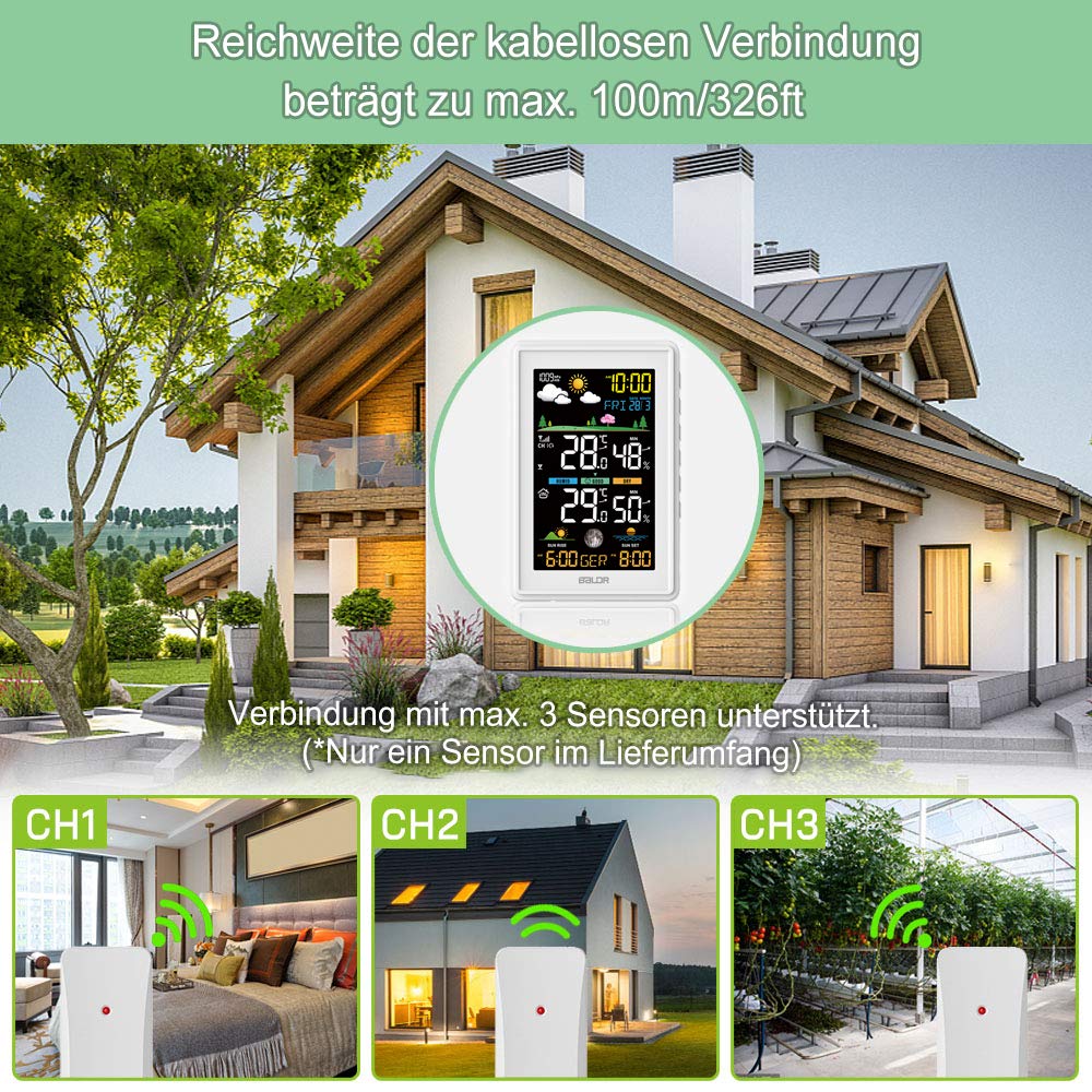 Konsen Wetterstation funk mit Außensensor Multifunktionale Funkwetterstation DCF Funkuhr Digital Thermometer Hygrometer mit Wettervorhersage, Weiß