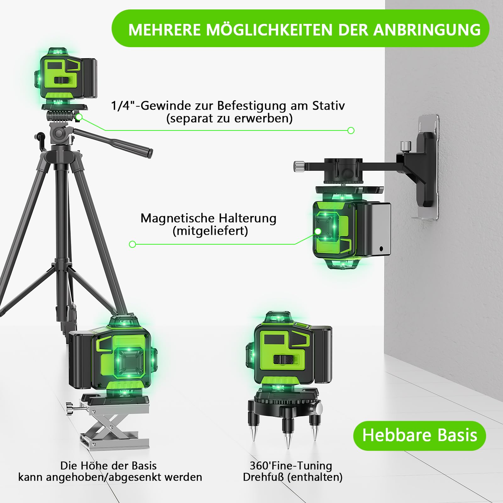 Kreuzlinienlaser Grün 16 Linien Nivellierlaser, 4 x 360 ° Laser Wasserwaage, Linienlaser Kreuzlaser Selbstnivellierend für Innenbereich Baustelle, 2 x Batterie Vermessungskabine (mit Stativ)