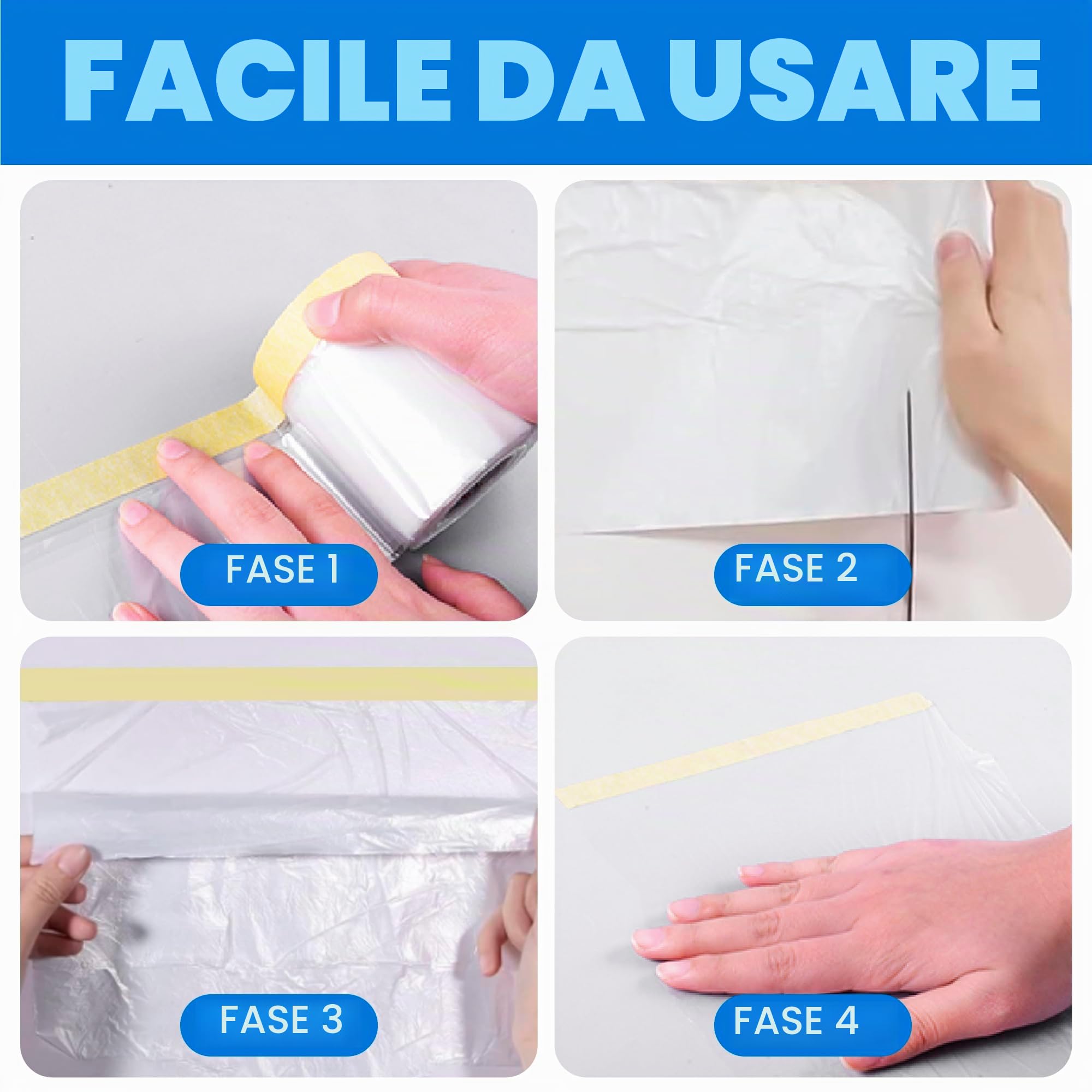 TAPEBEAR Pellicola Adesiva per Mascheratura 2600mm x 27m, 2 in 1 Teli Plastica Film per Mascheratura, Copritutto per Imbianchino con Adesivo, Protettivo Teli per Coprire Mobili, Ipingere, 3 Rotoli