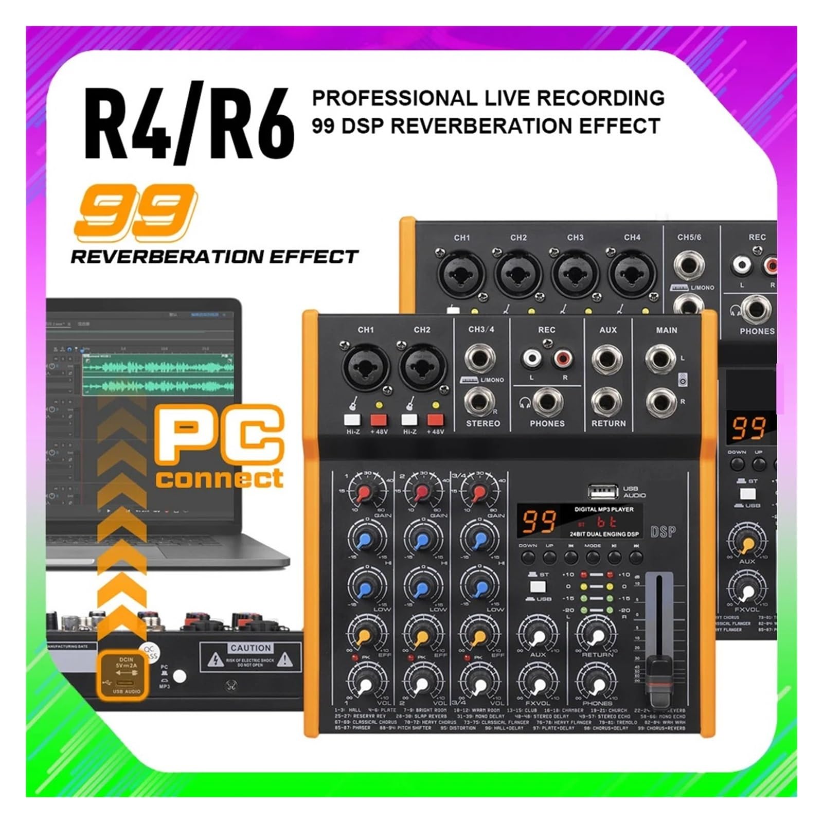 Konsola DJ R4/R6 Mikser Audio Z Efektem 99 Wielofunkcyjny Wejście USB, Odpowiedni Dla Zespołów, Konferencji I Spotkań(4 Channel Mixer)