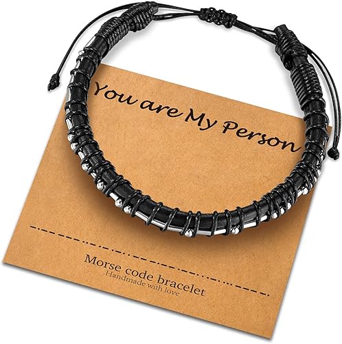 Pulseras con código morse, regalos para hombres, pulseras de cuero negro para hombres, regalos para hombres, pulseras para él, pulseras de muñeca